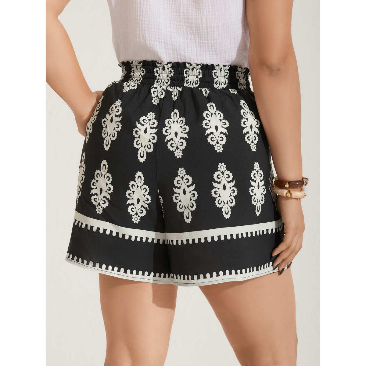 Plus Size Boho Print Wide-Leg Shorts Women BlackFlower Resort Contrast Wide Leg Vacation Shorts BloomChic 14-16/1X Product Image