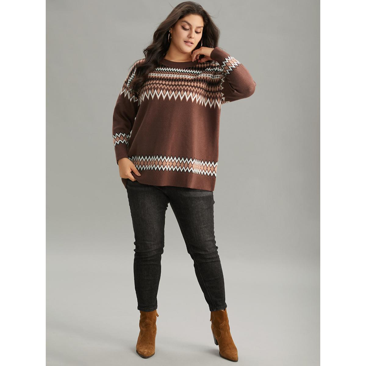 Plus Size Supersoft Essentials Bandana Print Drop Shoulder Pullover Multicolor Women Casual Loose Long Sleeve Round Neck Festival-Christmas Pullovers BloomChic 22-24/3X Product Image