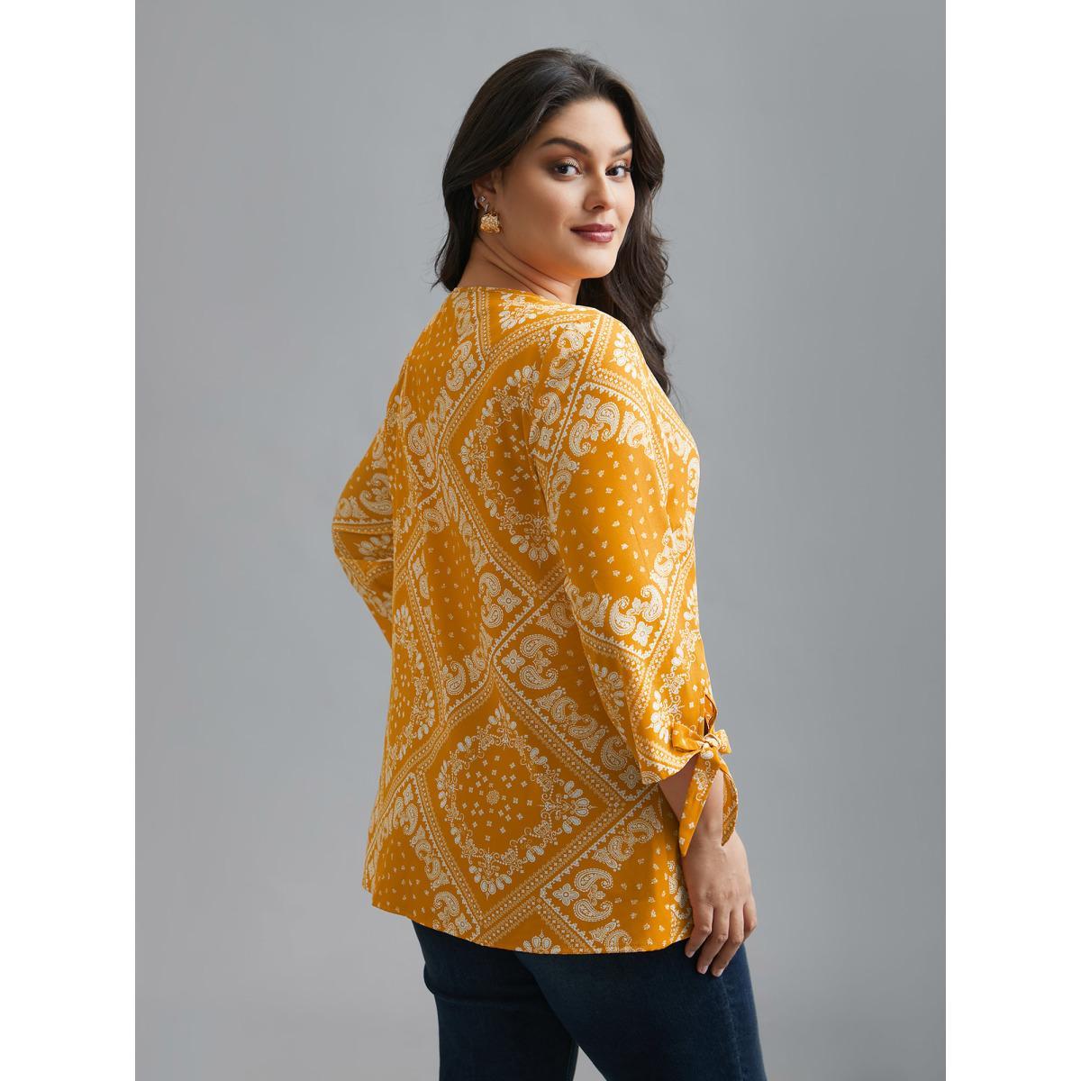 Plus Size Turmeric Round Neck Bandana Print Sleeve Tie Blouse Women Elegant Elbow-length sleeve Round Neck Everyday Blouses BloomChic 12/L Product Image