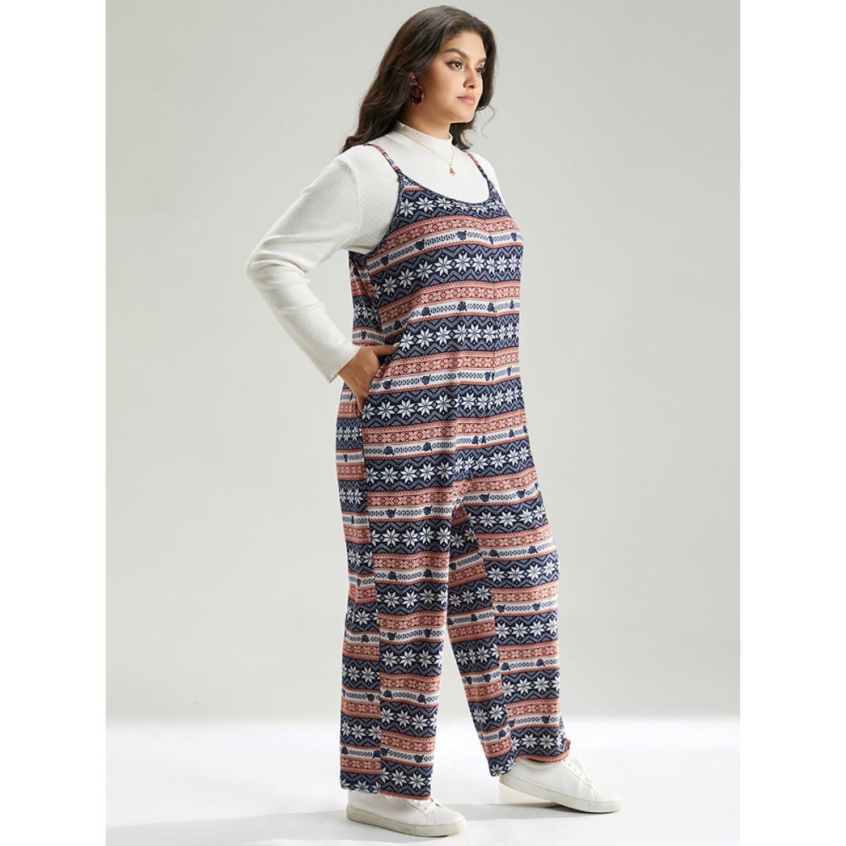 Plus Size DarkBlue Snowflake Graphic Pocket Overall Cami Jumpsuit Women Elegant Sleeveless Spaghetti Strap Dailywear Loose Jumpsuits BloomChic 12/L Product Image