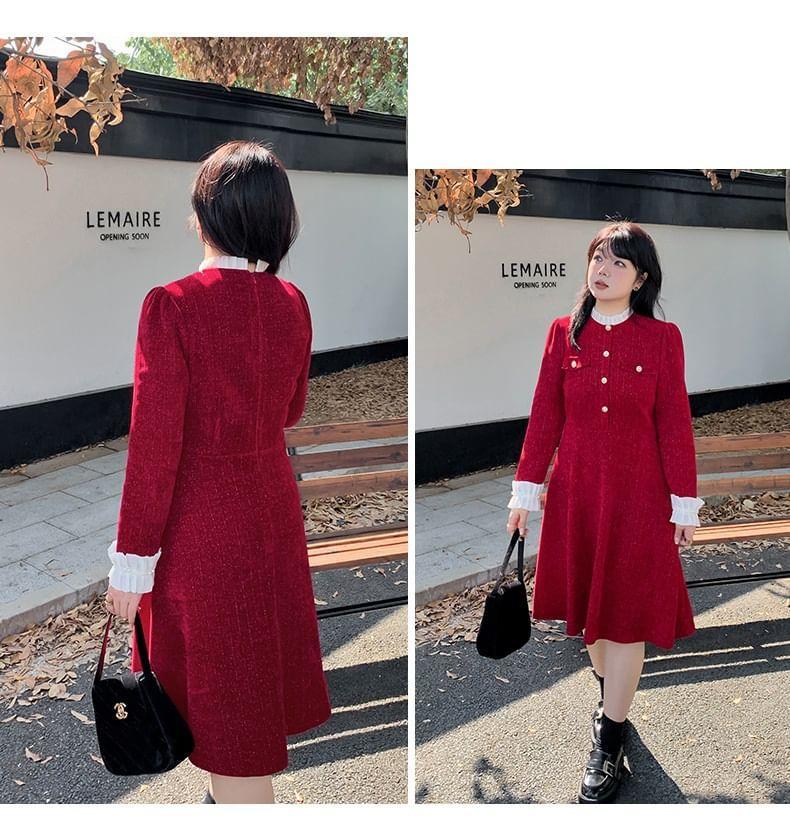 Plus Size Long-Sleeve Stand Collar Two Tone Ruffle Trim A-Line Dress Product Image