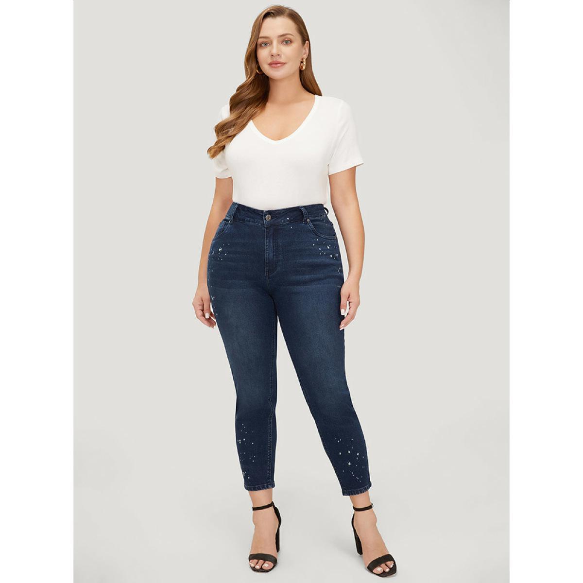 Plus Size Very Stretchy High Rise Dark Wash Paint Jeans Women DarkBlue Casual Plain High stretch Pocket Jeans BloomChic 28/5X Product Image