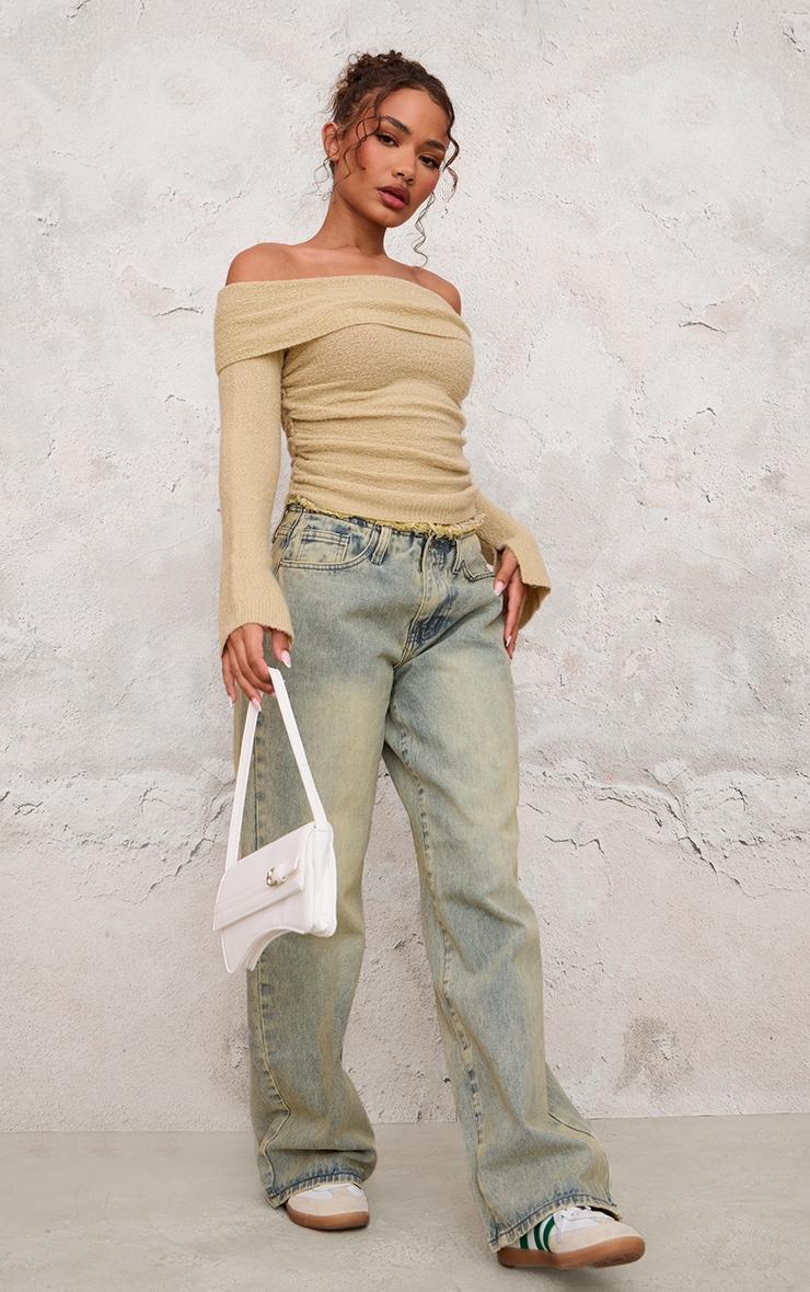 Petite Sage Green Boucle Knit Off Shoulder Ruched Top Product Image