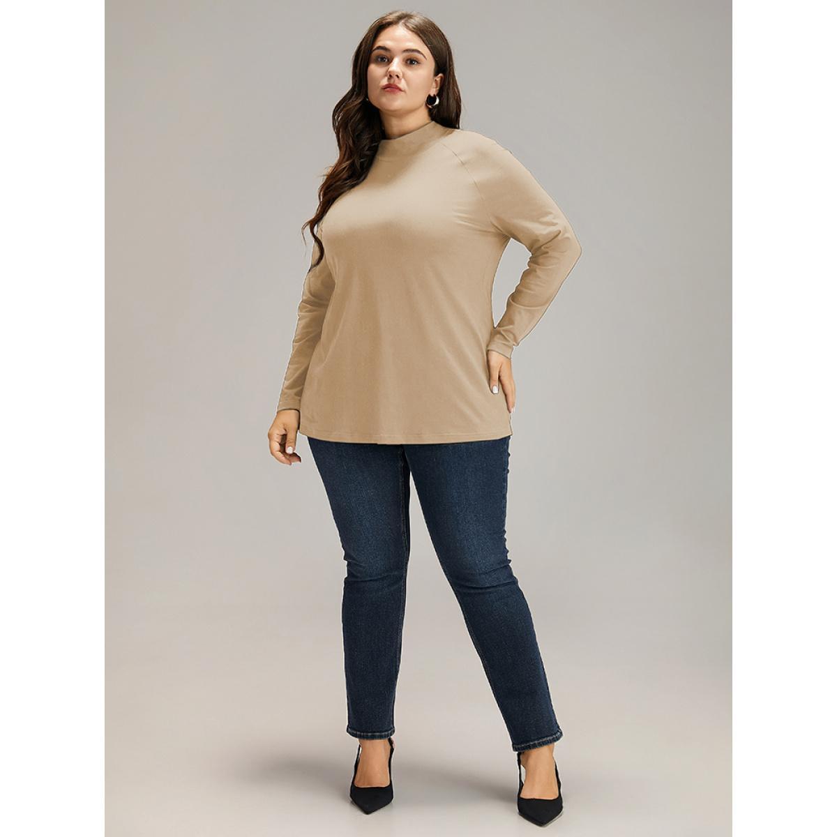 Plus Size Cotton Mock Neck Raglan Sleeve T-shirt Apricot Women Elegant Plain Plain Mock Neck Dailywear T-shirts BloomChic 22-24/3X Product Image