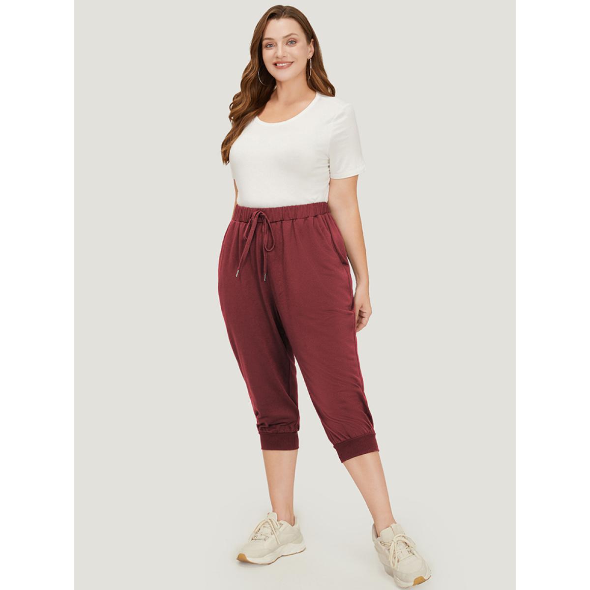 Plus Size Solid Knot Front Pocket Carrot Pants Women Burgundy Casual High Rise Dailywear Pants BloomChic 10/M Product Image