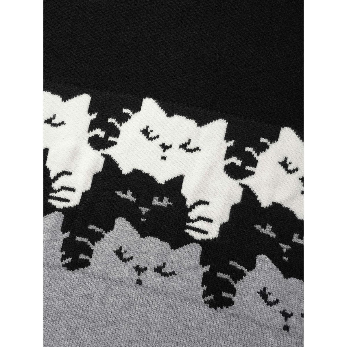 Plus Size Cat Contrast Drop Shoulder Pullover Black Women Casual Loose Long Sleeve Round Neck Everyday Pullovers BloomChic 10/M Product Image