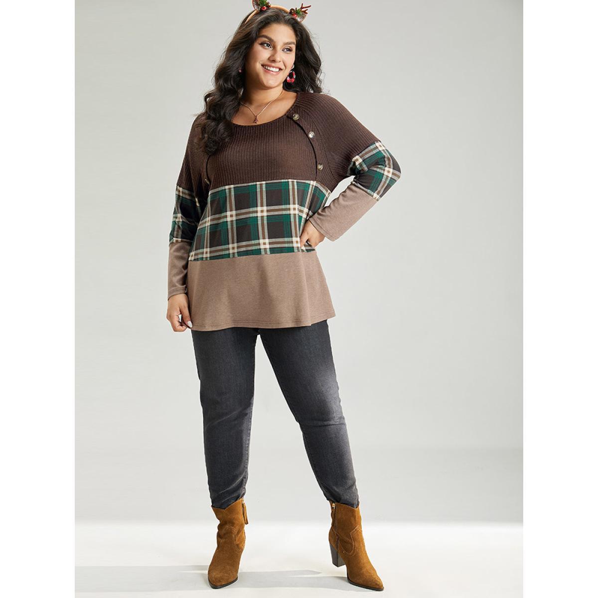 Plus Size Colorblock Plaid Patchwork Button Detail T-shirt DarkBrown Women Casual Contrast Plaid Round Neck Festival-Christmas T-shirts BloomChic 26/4X Product Image