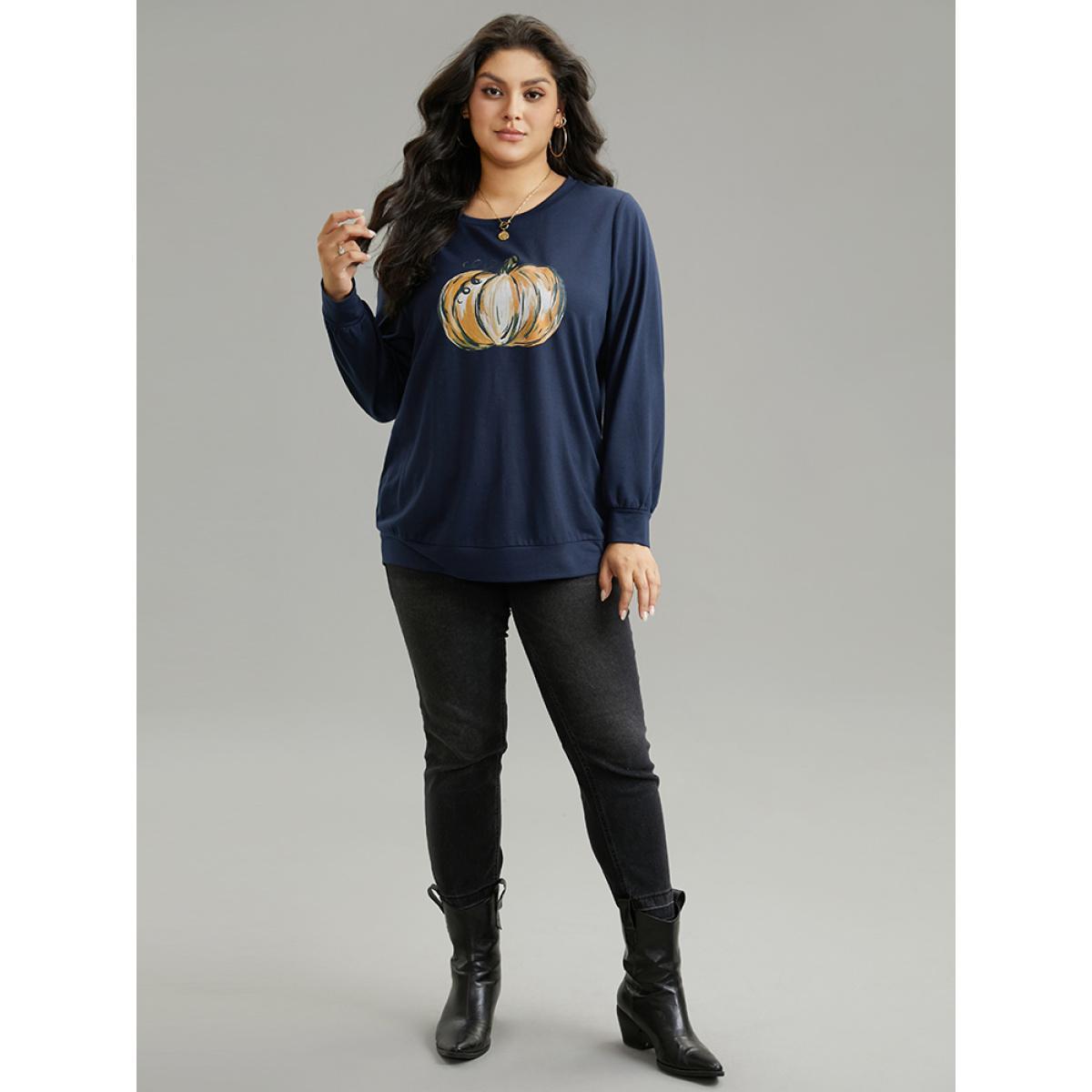 Plus Size Round Neck Pumpkin Print Sweatshirt Women Indigo Casual Printed Dailywear Sweatshirts BloomChic 18-20/2X Product Image