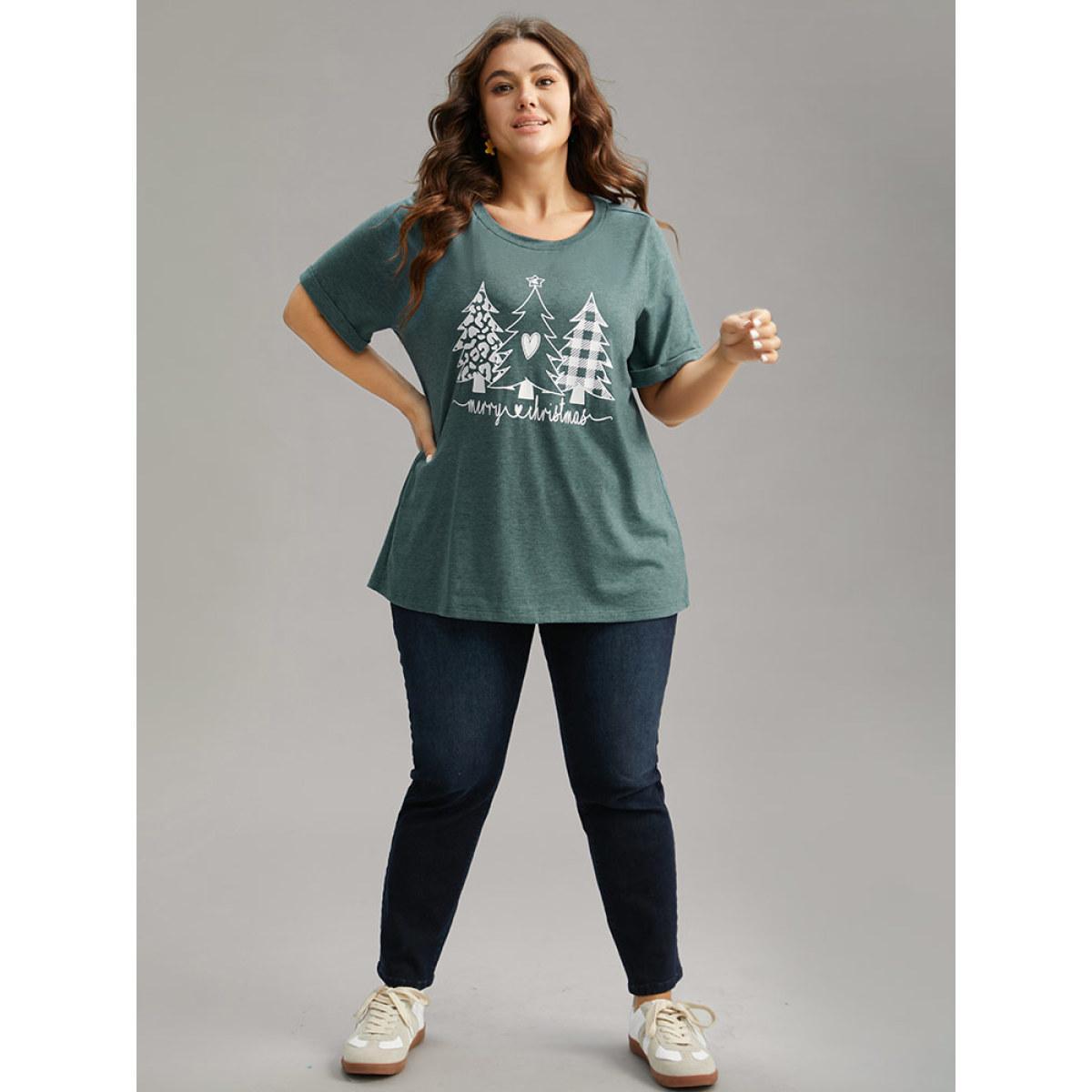 Plus Size Christmas Trees Print Cuffed Sleeve T-shirt DarkGreen Women Casual Printed Christmas Festival-Christmas T-shirts BloomChic 30/6X Product Image
