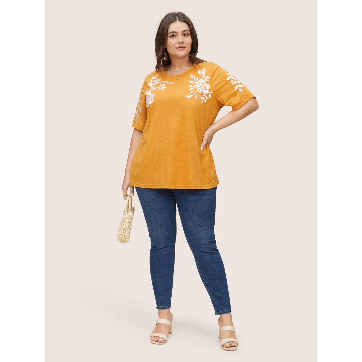 Plus Size Floral Embroidered Contrast Round Neck T-shirt Yellow Women Resort Contrast Floral Round Neck Vacation T-shirts BloomChic 30/6X Product Image