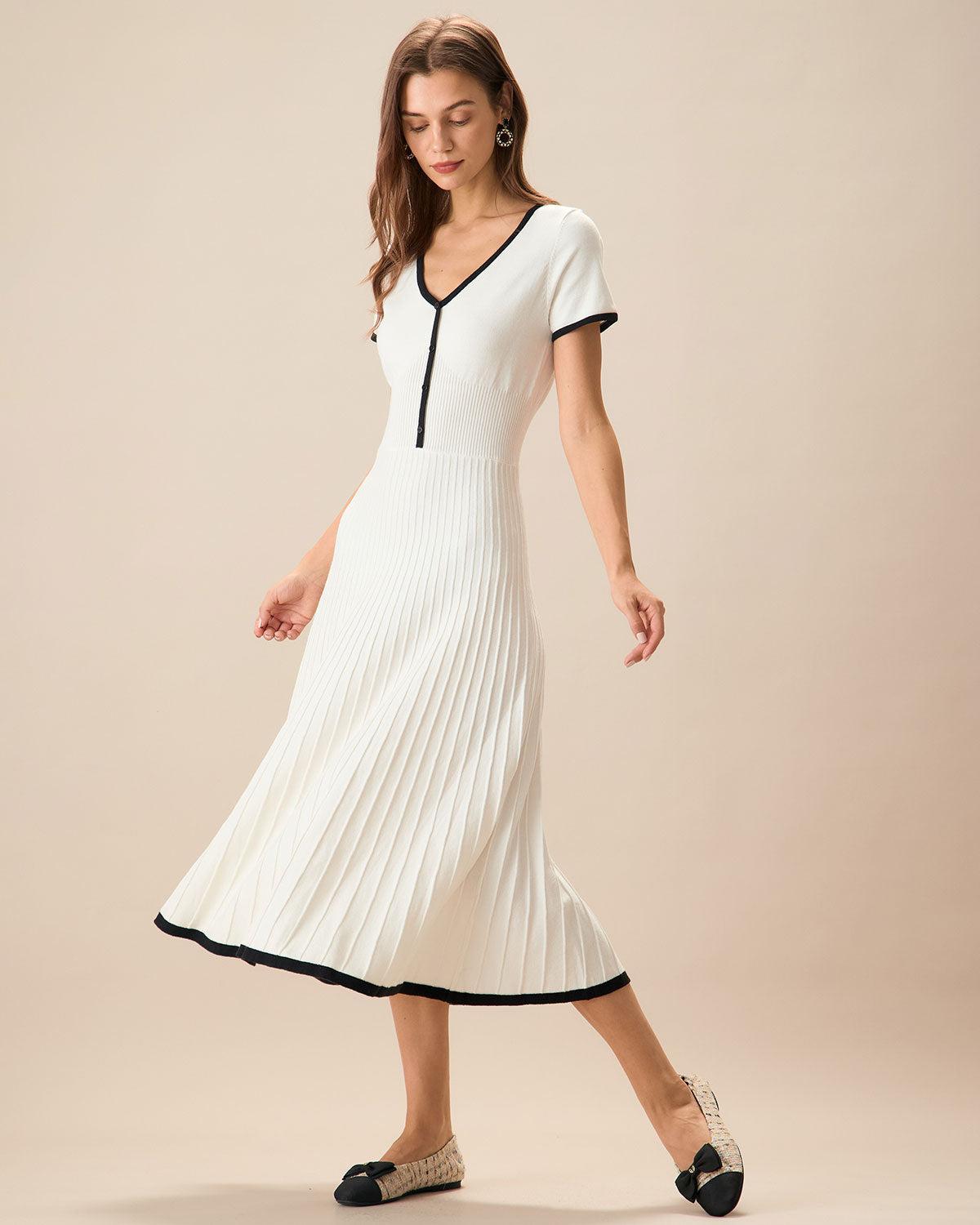 Women's White Contrasting Sweater Midi Dress Female Product Image