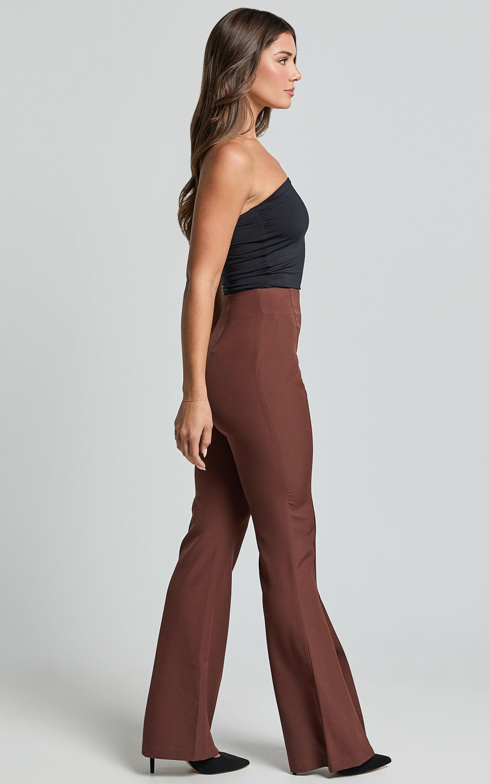 Volta Pants - Front High Waisted Split Boot Leg Kick Out Pants in Chocolate Product Image