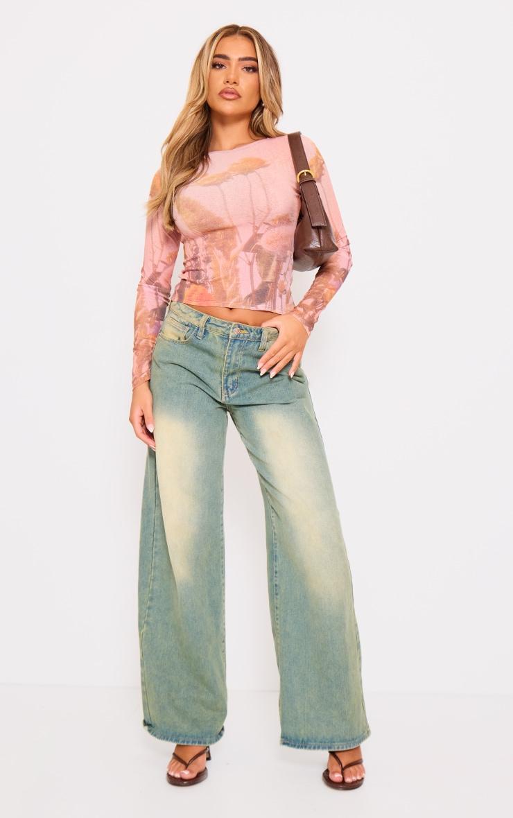 Pink Printed Burnout Mesh Long Sleeve Top Product Image
