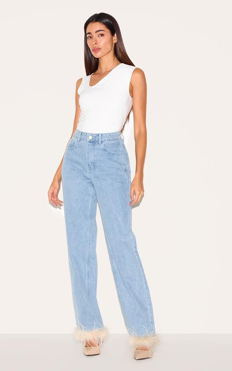 Blue Feather Trim Straight Leg Jeans Product Image