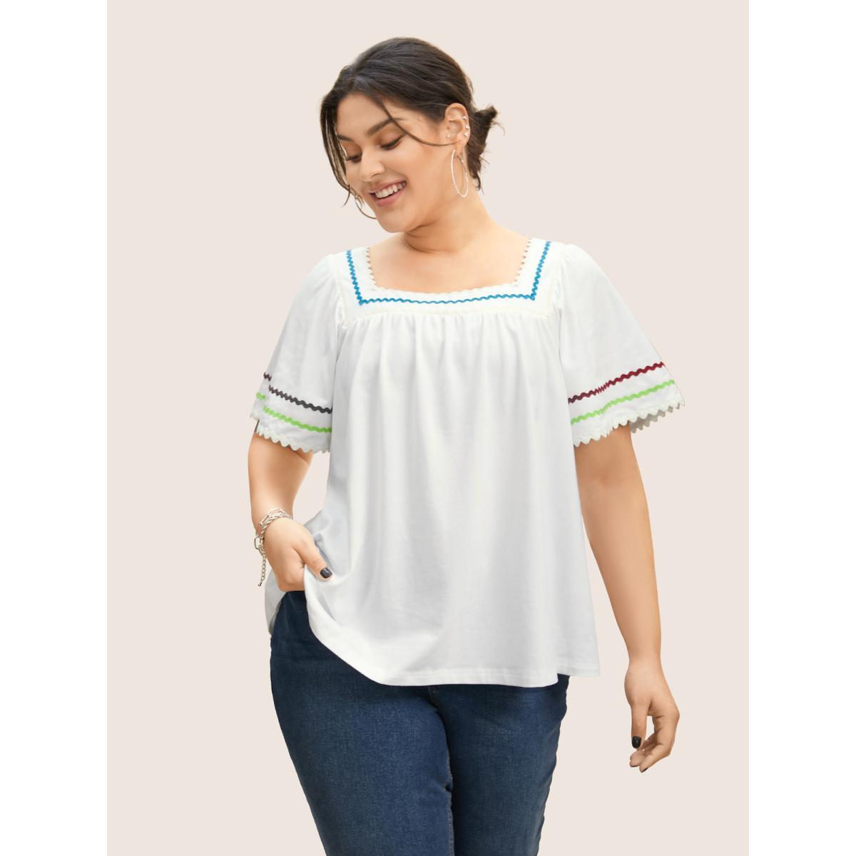 Plus Size Cotton Woven Ribbon Contrast Ruffle Sleeve T-shirt Originalwhite Women Casual Woven ribbon&lace trim Square Neck Everyday T-shirts BloomChic 10/M Product Image
