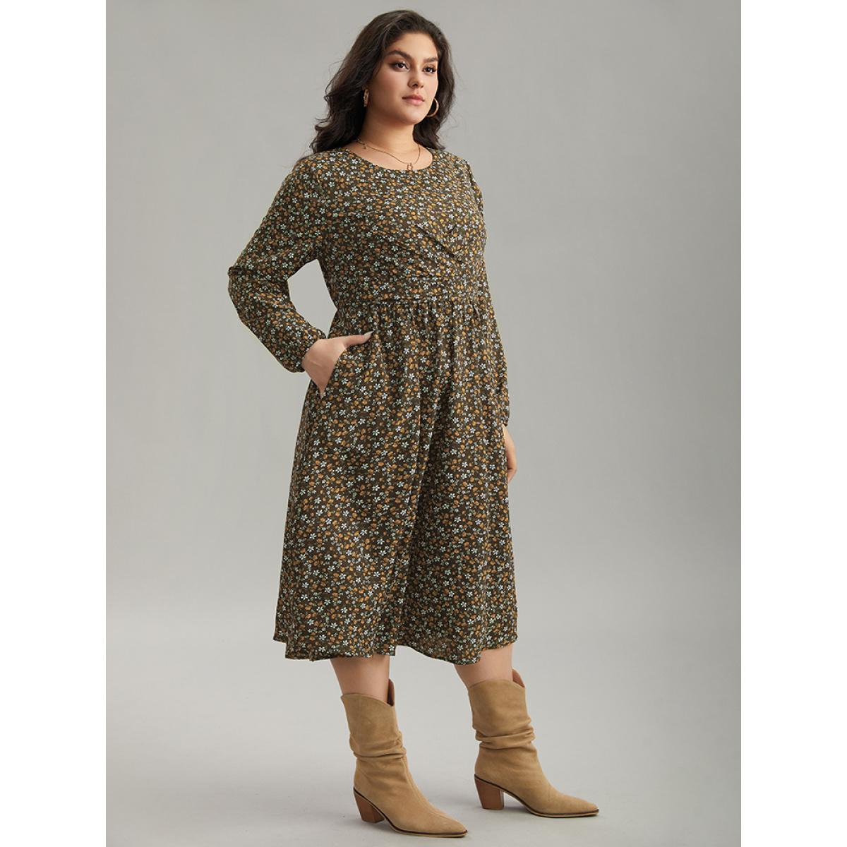 Plus Size Ditsy Floral Pocket Lantern Sleeve Knee Dress Bronze Women Elegant Elastic cuffs Round Neck Long Sleeve Curvy Midi Dress BloomChic 10/M Product Image