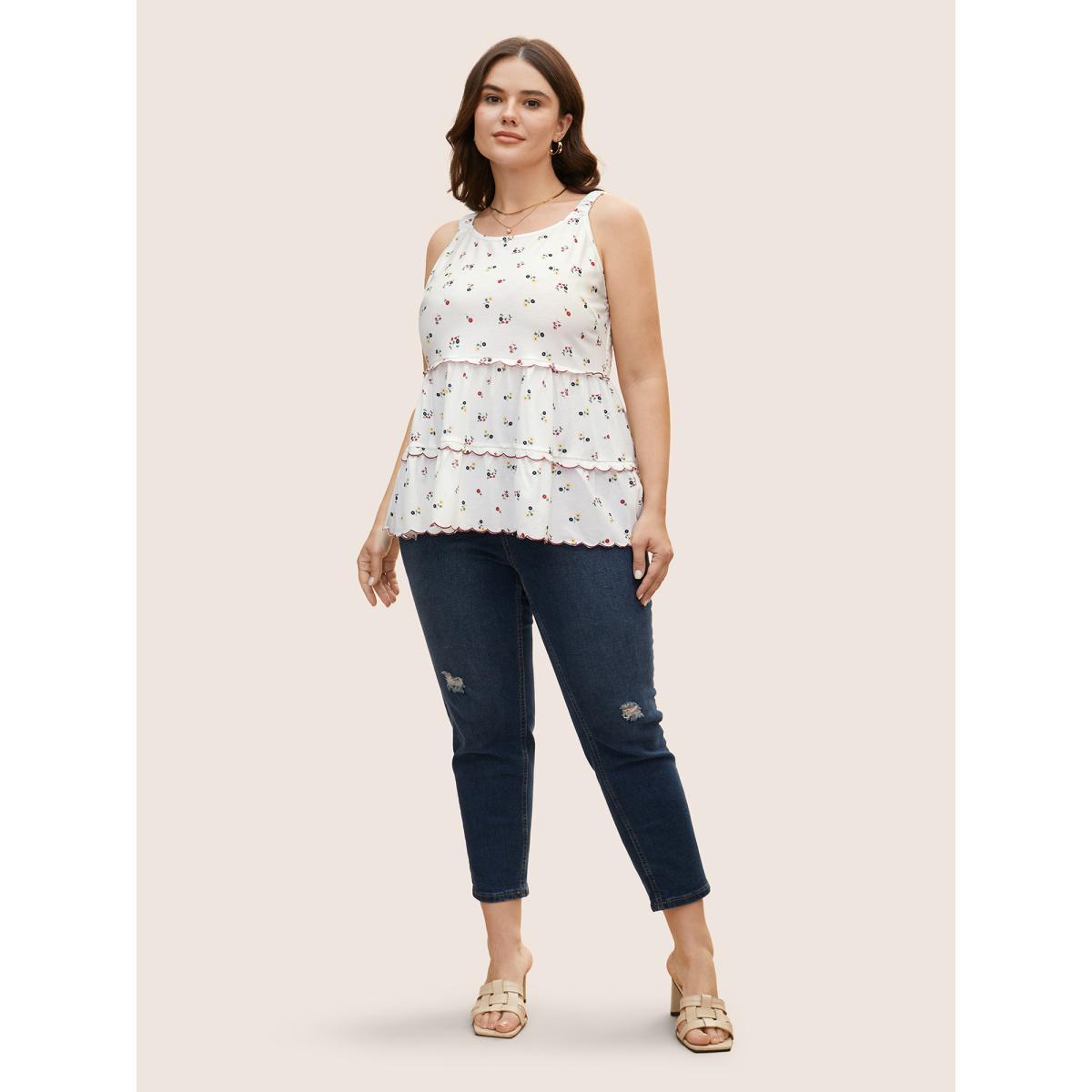 Plus Size Ditsy Floral Tiered Hem Scalloped Trim Cami Top Women Originalwhite Elegant Contrast Non Everyday Tank Tops Camis BloomChic 22-24/3X Product Image