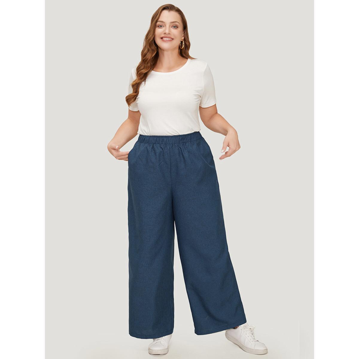 Plus Size Solid Button Detail Wide Leg Pants Women Black Workwear Essentials Wide Leg High Rise Work Pants BloomChic 28/5X Product Image