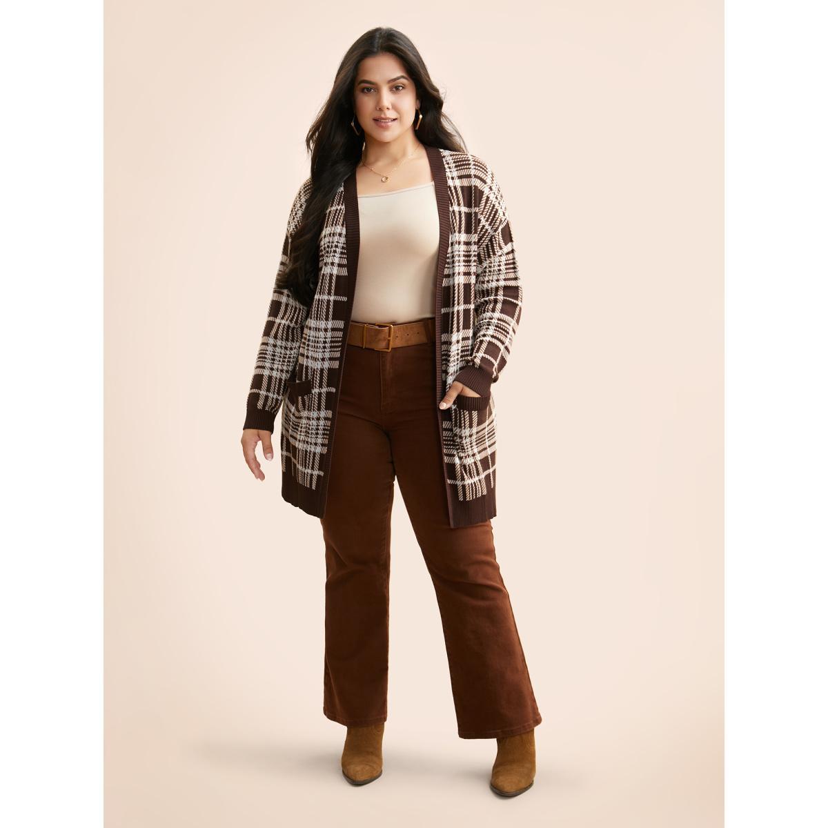 Plus Size Plaid Open Front Patch Pocket Cardigan DarkBrown Women Casual Loose Long Sleeve Everyday Cardigans BloomChic 26/4X Product Image