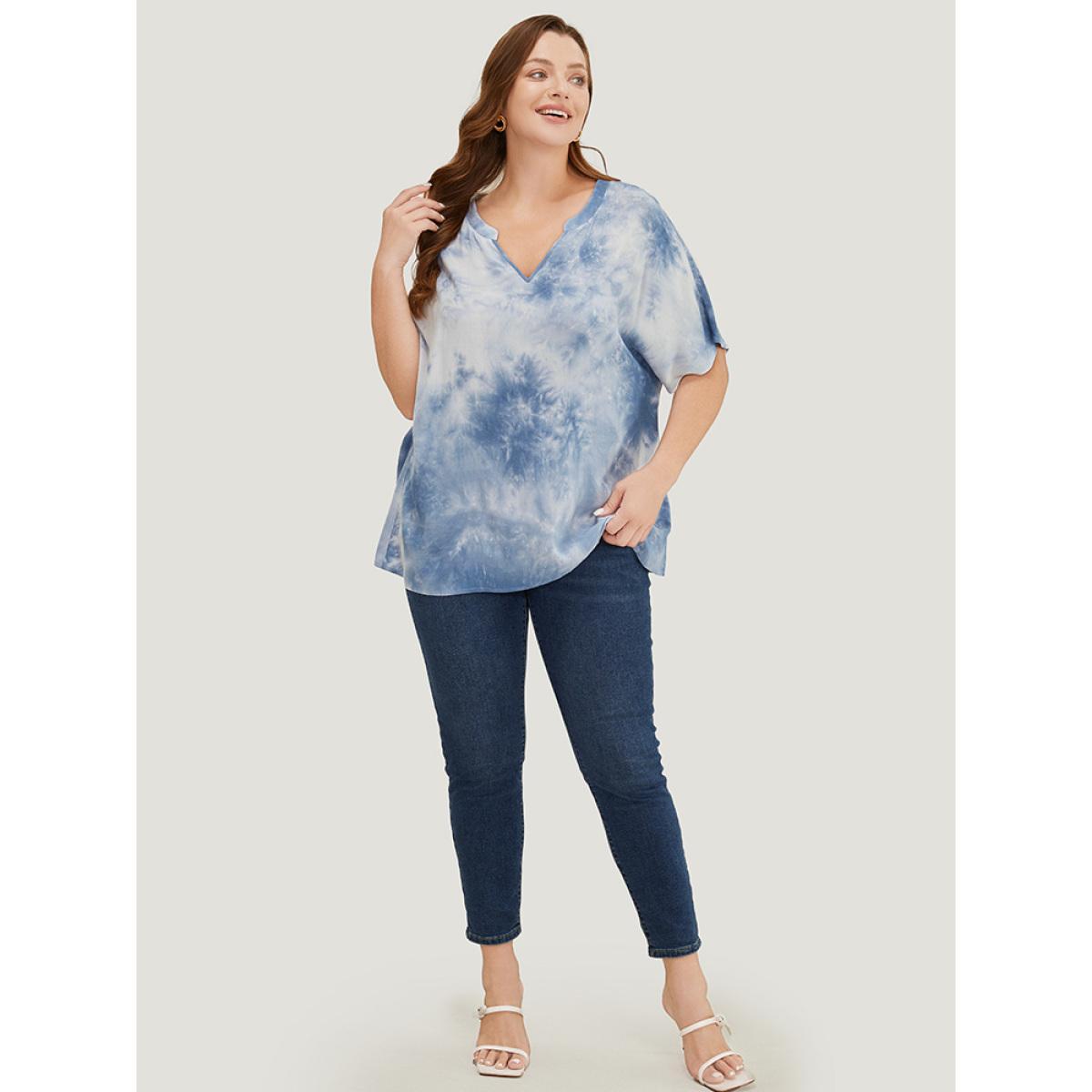 Plus Size Stone Tie Dye Notched Dolman Sleeve Blouse Women Vacation Short sleeve Notched collar Dailywear Blouses BloomChic 18-20/2X Product Image