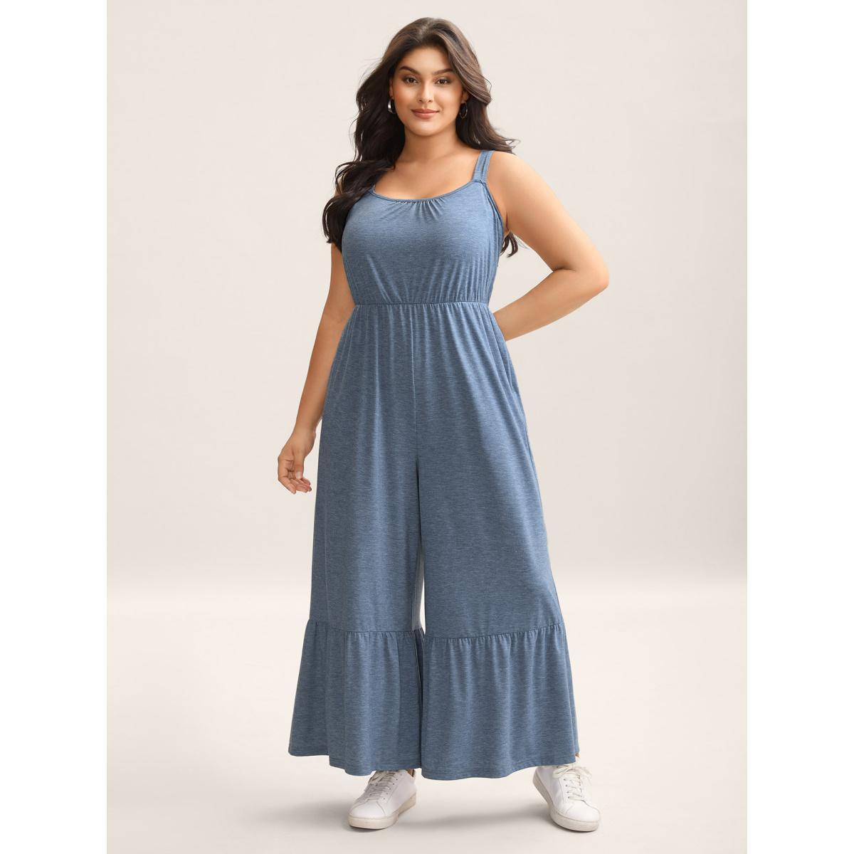 Plus Size Stone Supersoft Tiered Hem Stretchy Waist Jumpsuit Women Sleeveless Round Neck Everyday-Casual Loose Jumpsuits BloomChic 22-24/3X Product Image