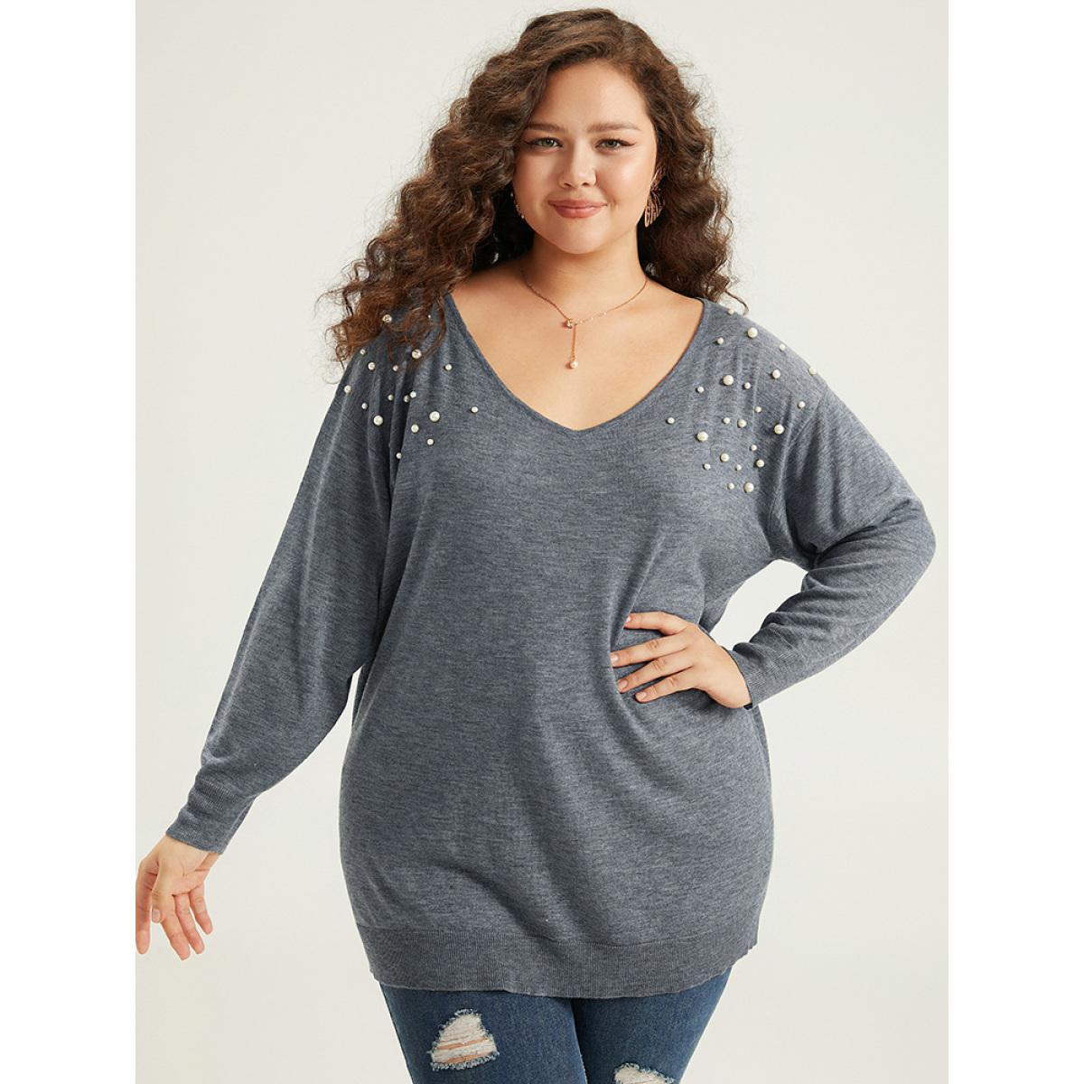 Plus Size Supersoft Essentials Heather Pearl Beaded V Neck Pullover SlateGray Women Casual Loose Long Sleeve V-neck Dailywear Pullovers BloomChic 28/5X Product Image