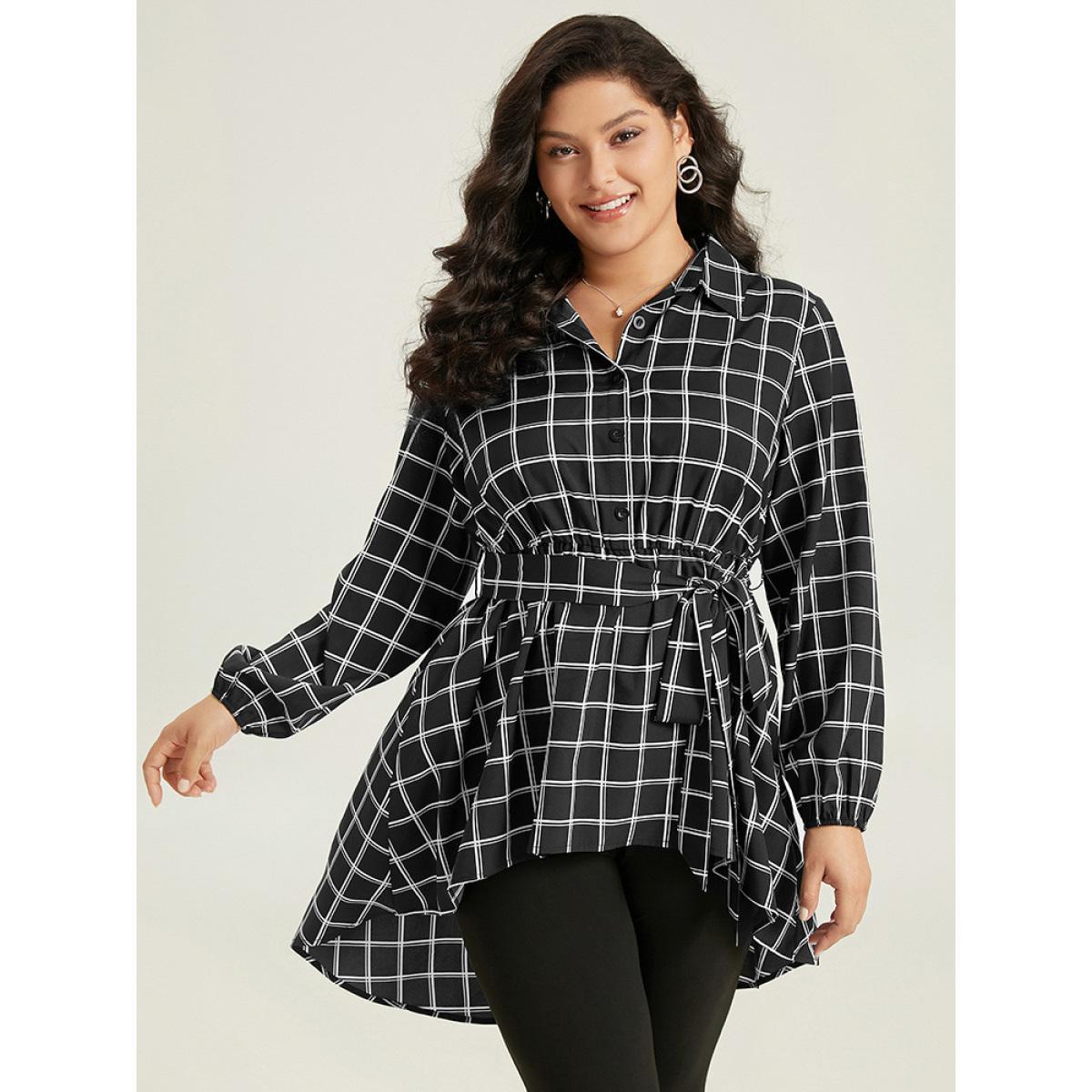 Plus Size Black Plaid Button Up Belted High Low Hem Blouse Women Office Long Sleeve Shirt collar Work Blouses BloomChic 18-20/2X Product Image