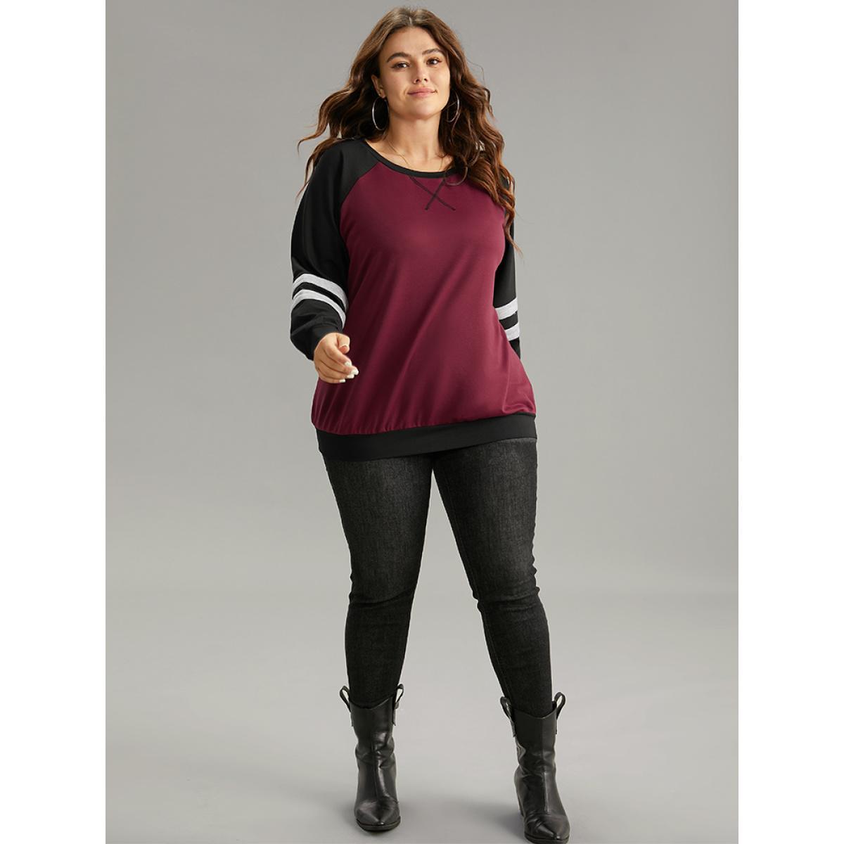 Plus Size Striped Contrast Raglan Sleeve Stitch Sweatshirt Women Burgundy Casual Contrast Round Neck Everyday Sweatshirts BloomChic 18-20/2X Product Image