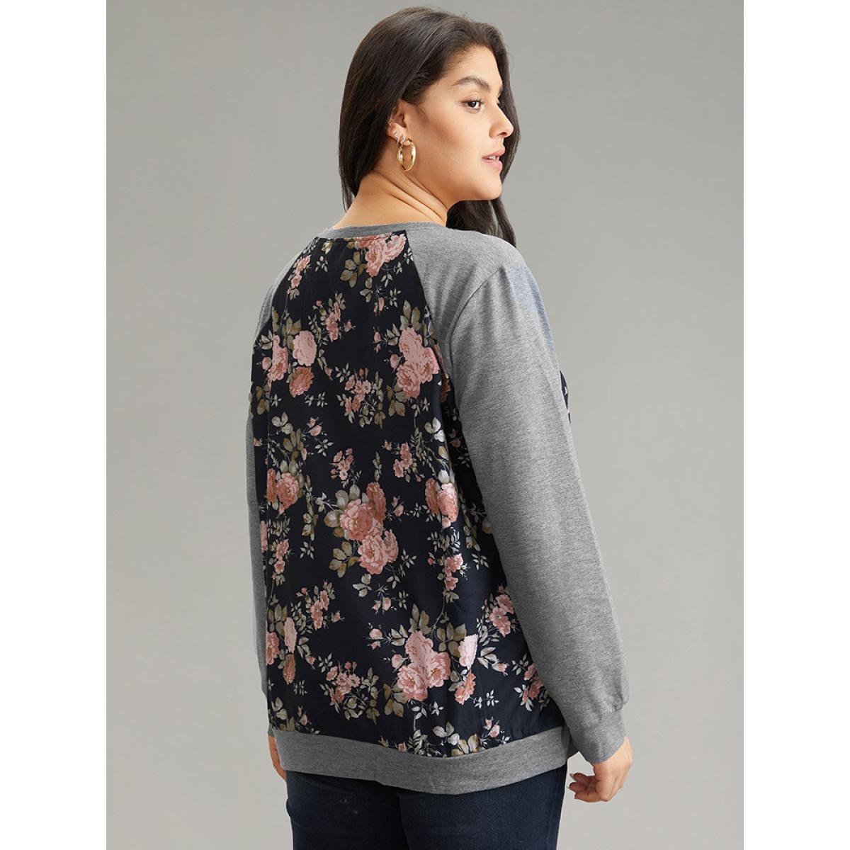 Plus Size Floral Patchwork Raglan Sleeve Sweatshirt Women Indigo Elegant Contrast Round Neck Everyday Sweatshirts BloomChic 28/5X Product Image