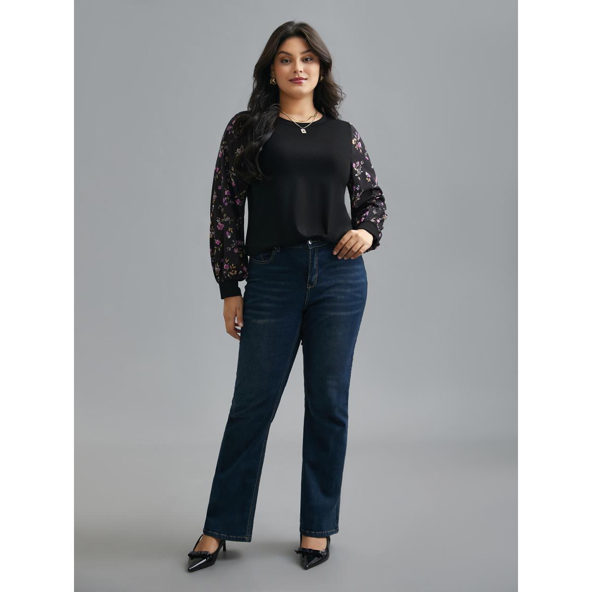 Plus Size Floral Spliced Sleeve Stretchy T-Shirt Black Women Elegant Contrast Natural Flowers Round Neck Everyday T-shirts BloomChic 12/L Product Image