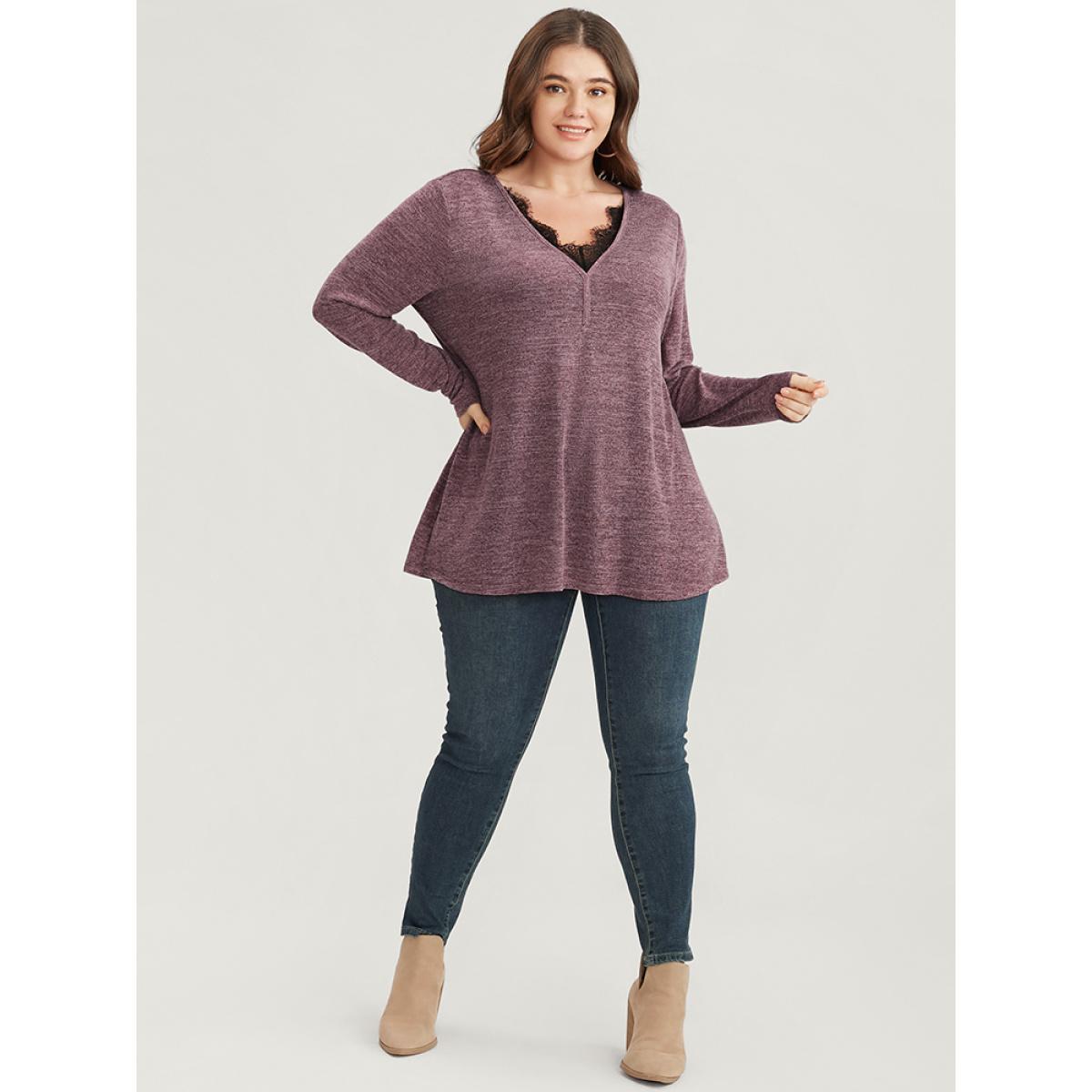 Plus Size Solid Lace Trim V Neck Long Tee Burgundy Women Elegant Lace Plain V-neck Dailywear T-shirts BloomChic 30/6X Product Image