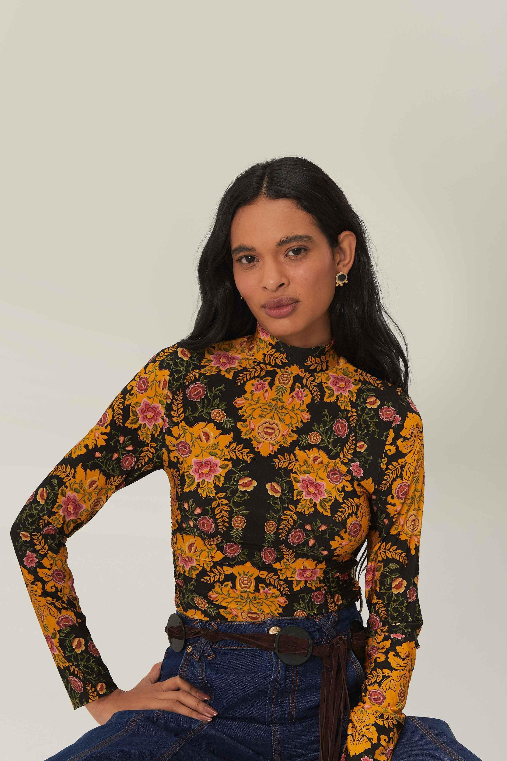 Black Arabesque Floral Jersey Blouse, ARABESQUE FLORAL BLACK / XL Product Image