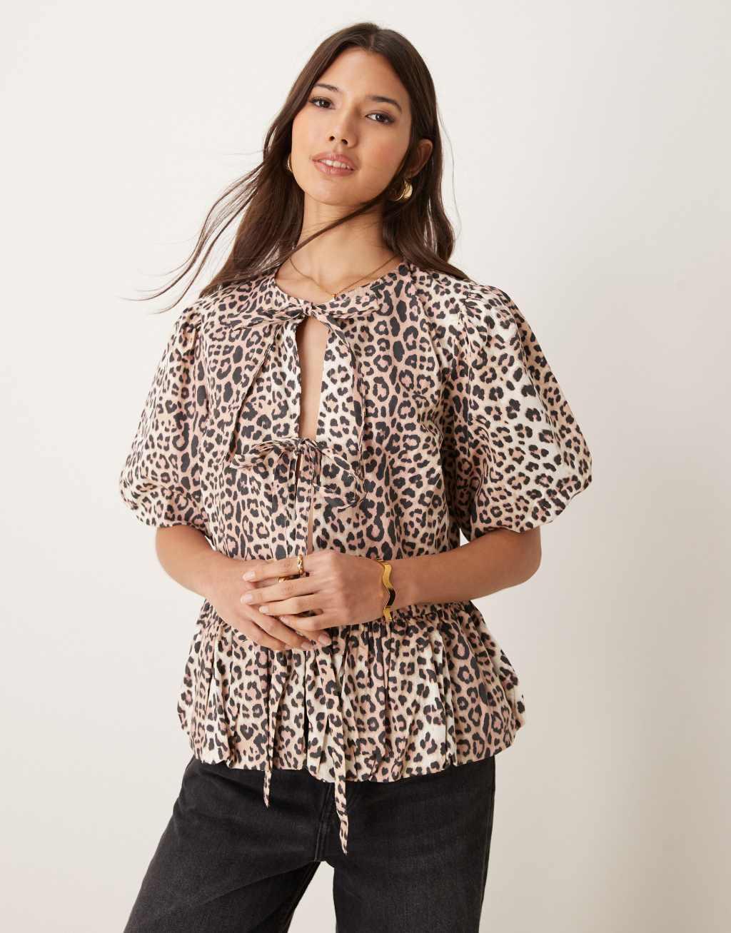 ASOS DESIGN cotton puff sleeve peplum top in leopard print Product Image