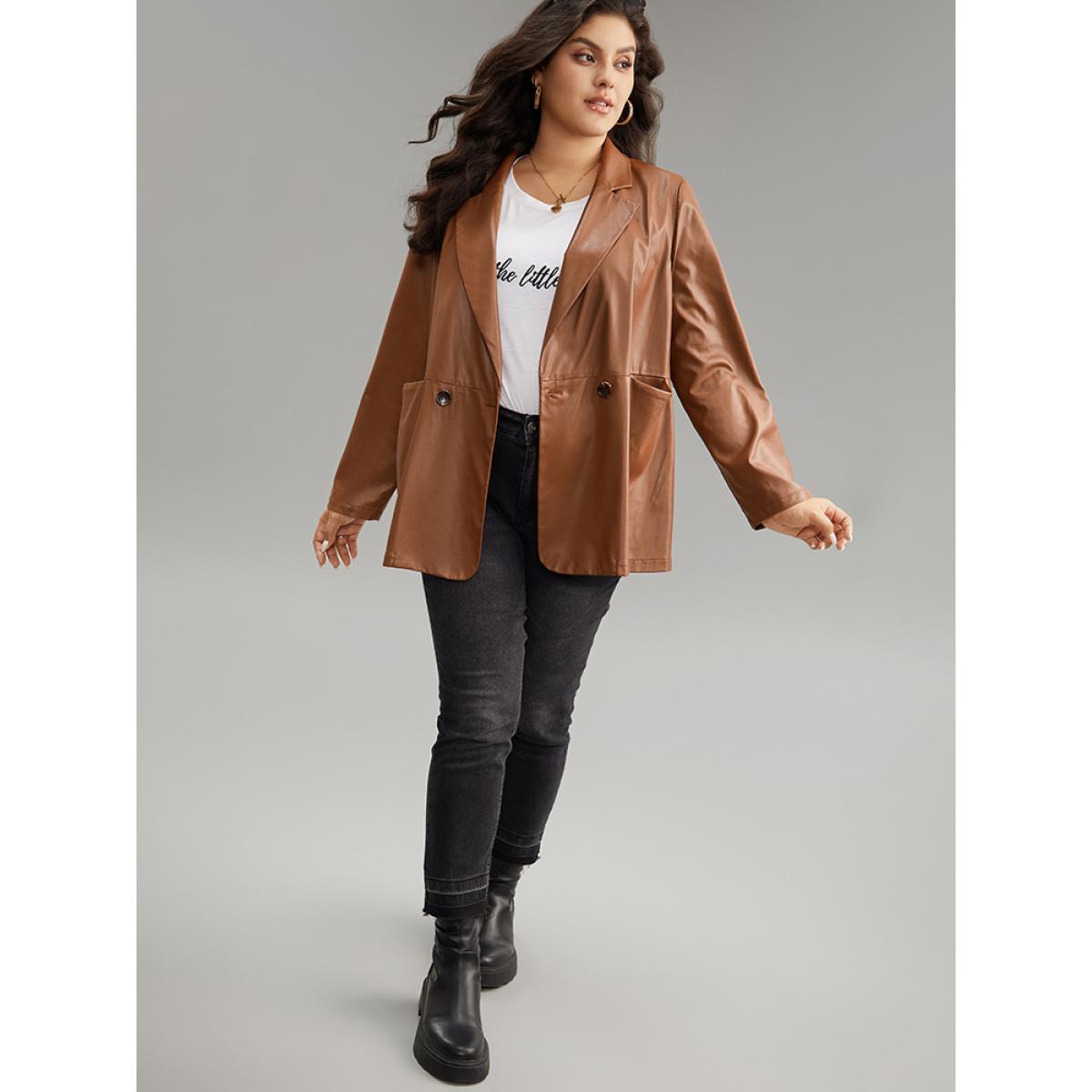 Plus Size Lapel Collar Pocket Button Up Blazer Tan Women Dailywear Plain Plain Sleeve Long Sleeve Lapel Collar 26/4X Pocket Casual Blazers BloomChic Product Image