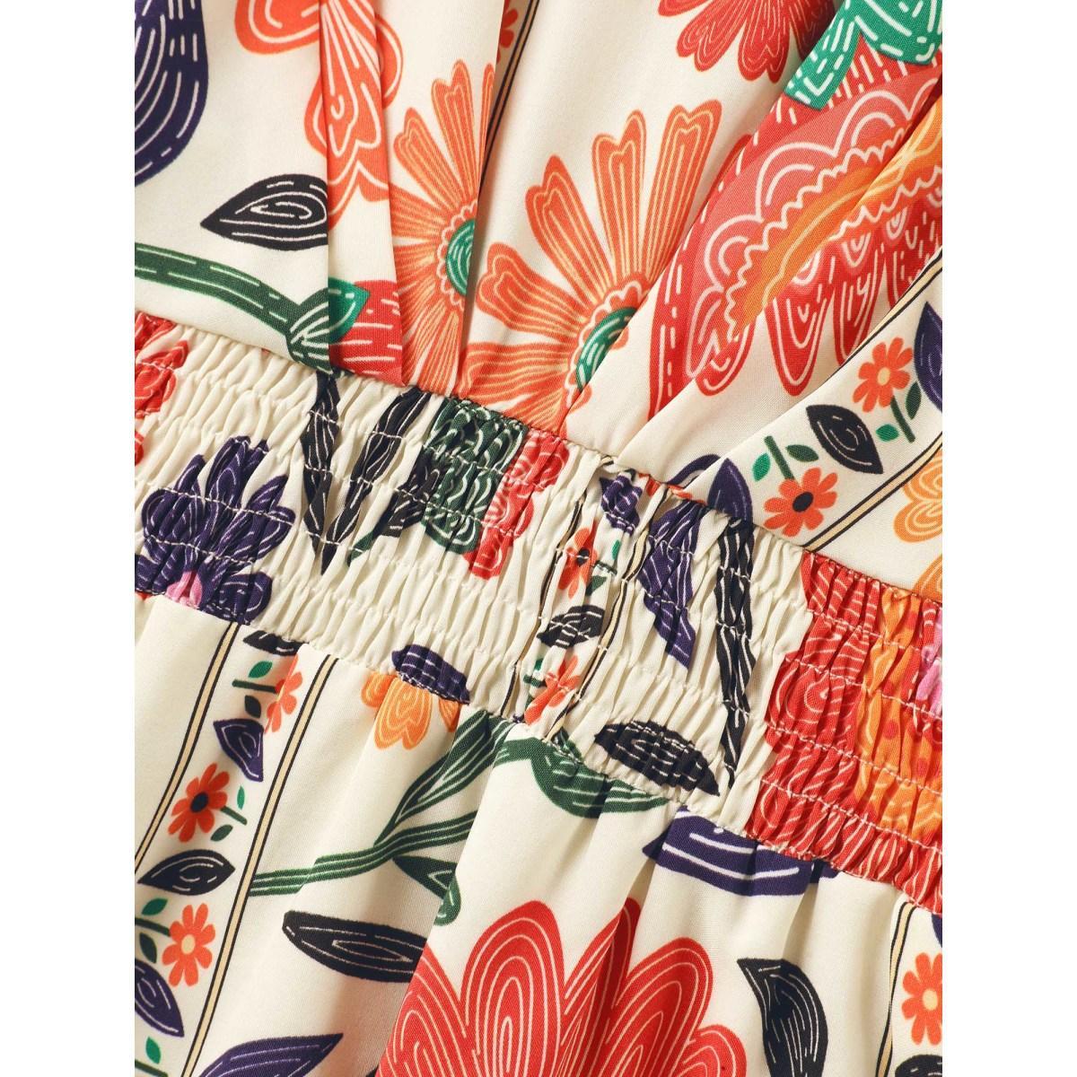 Plus Size Floral Print Gathered Waist Pleated Midi Dress Multicolor Women V-neck Half Sleeve Curvy BloomChic 30/6X Product Image