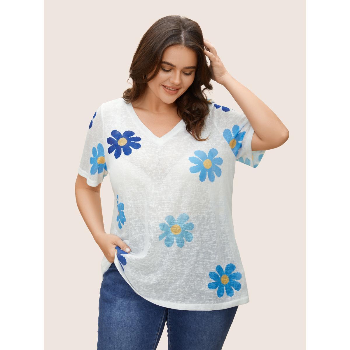 Plus Size Colored Floral V Neck See Through T-Shirt Multicolor Women Casual See through Art&design V-neck Everyday T-shirts BloomChic 14-16/1X Product Image