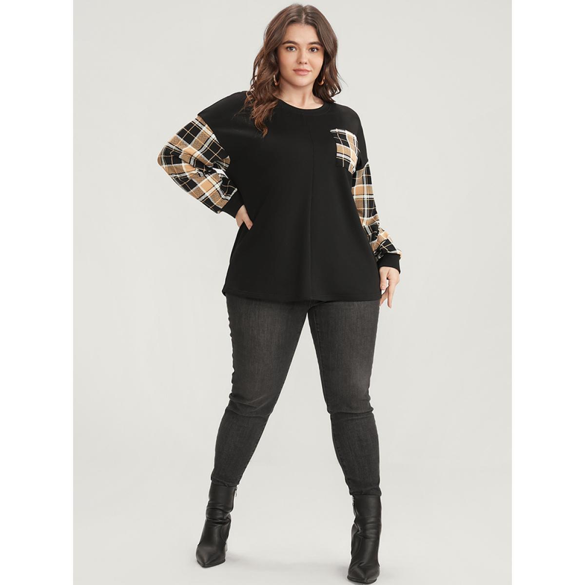 Plus Size Plaid Patchwork Pocket Round Neck Sweatshirt Women Black Casual Patchwork Round Neck Dailywear Sweatshirts BloomChic 18-20/2X Product Image