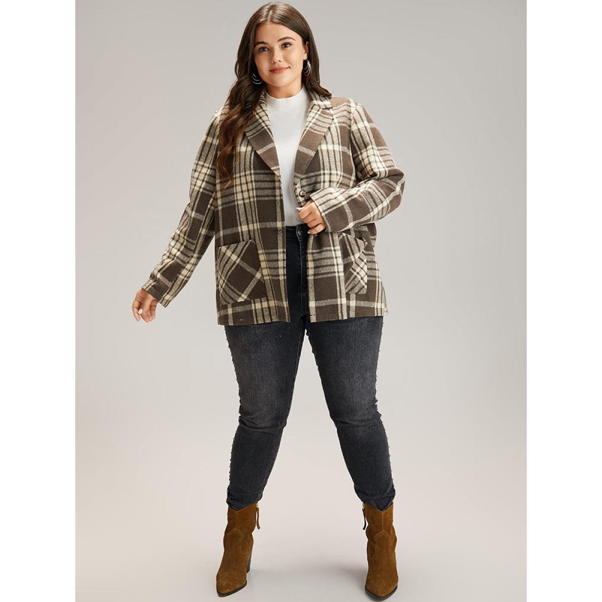 Plus Size Plaid Patched Pocket Button Through Coat Women DarkBrown Casual Contrast Ladies Dailywear Winter Coats BloomChic 26/4X Product Image