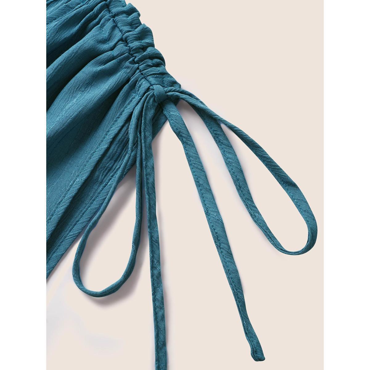 Plus Size Plain Textured Drawstring Ruffle Hem Dress Cerulean Women At the Office Texture V-neck Sleeveless Curvy BloomChic 30/6X Product Image