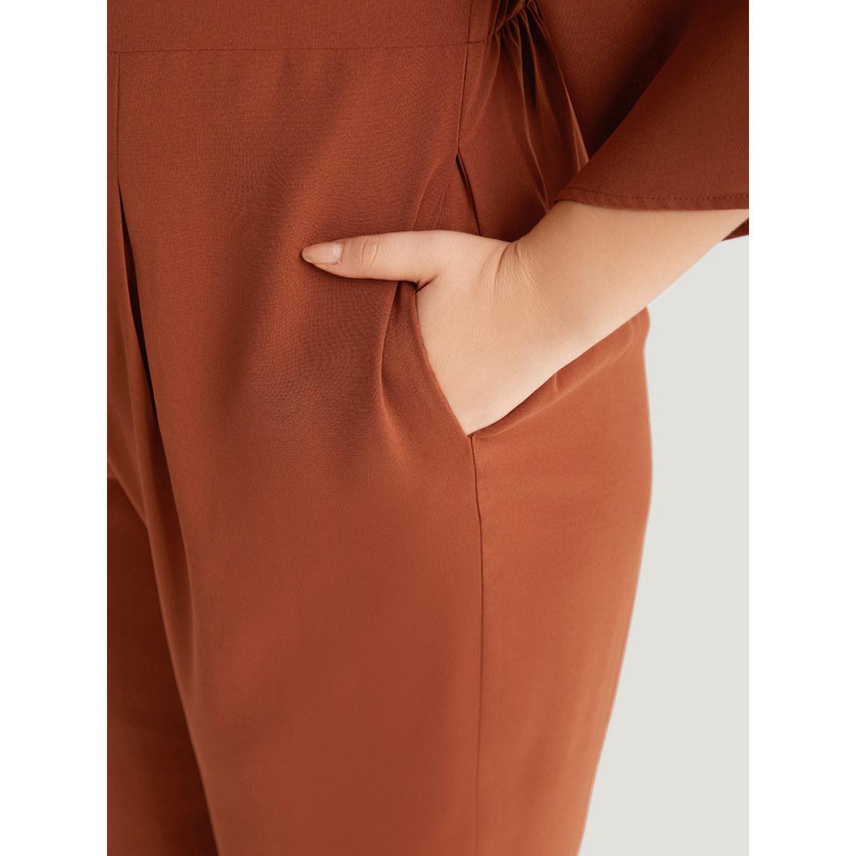 Plus Size Brown Plain Crisscross Plicated Detail Flutter Sleeve Jumpsuit Women Elegant Elbow-length sleeve V-neck Dailywear Loose Jumpsuits BloomChic 30/6X Product Image