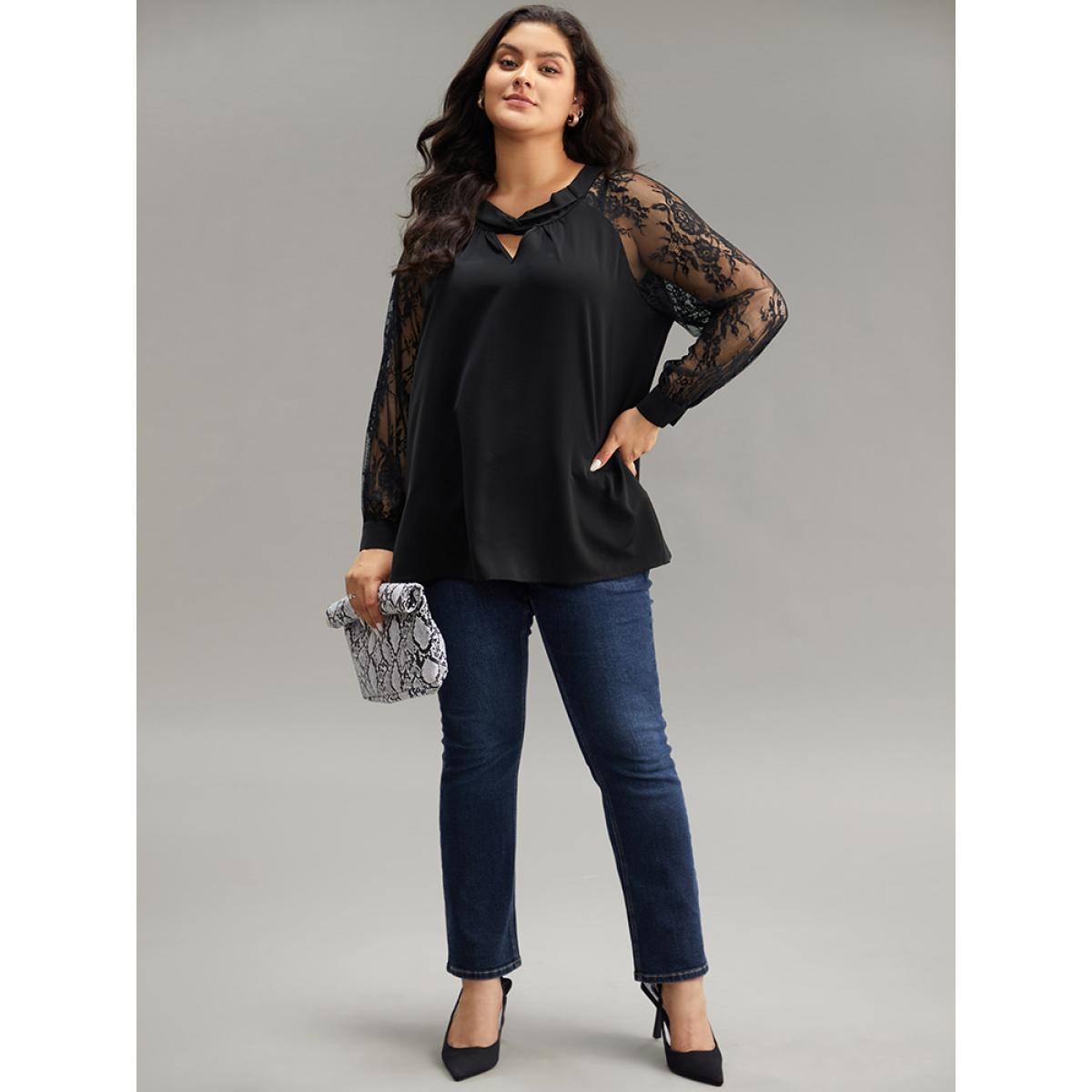 Plus Size Black Anti-Wrinkle Crochet Lace Mesh Keyhole Blouse Women Office Long Sleeve Keyhole Cut-Out Work Blouses BloomChic 14-16/1X Product Image