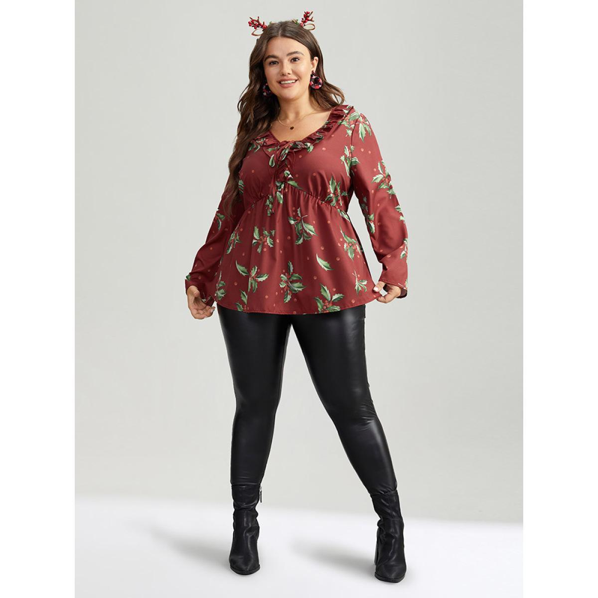 Plus Size Scarlet Plants Print Knot Neck Flutter Trim Blouse Women Elegant Long Sleeve V-neck Festival-Christmas Blouses BloomChic 10/M Product Image