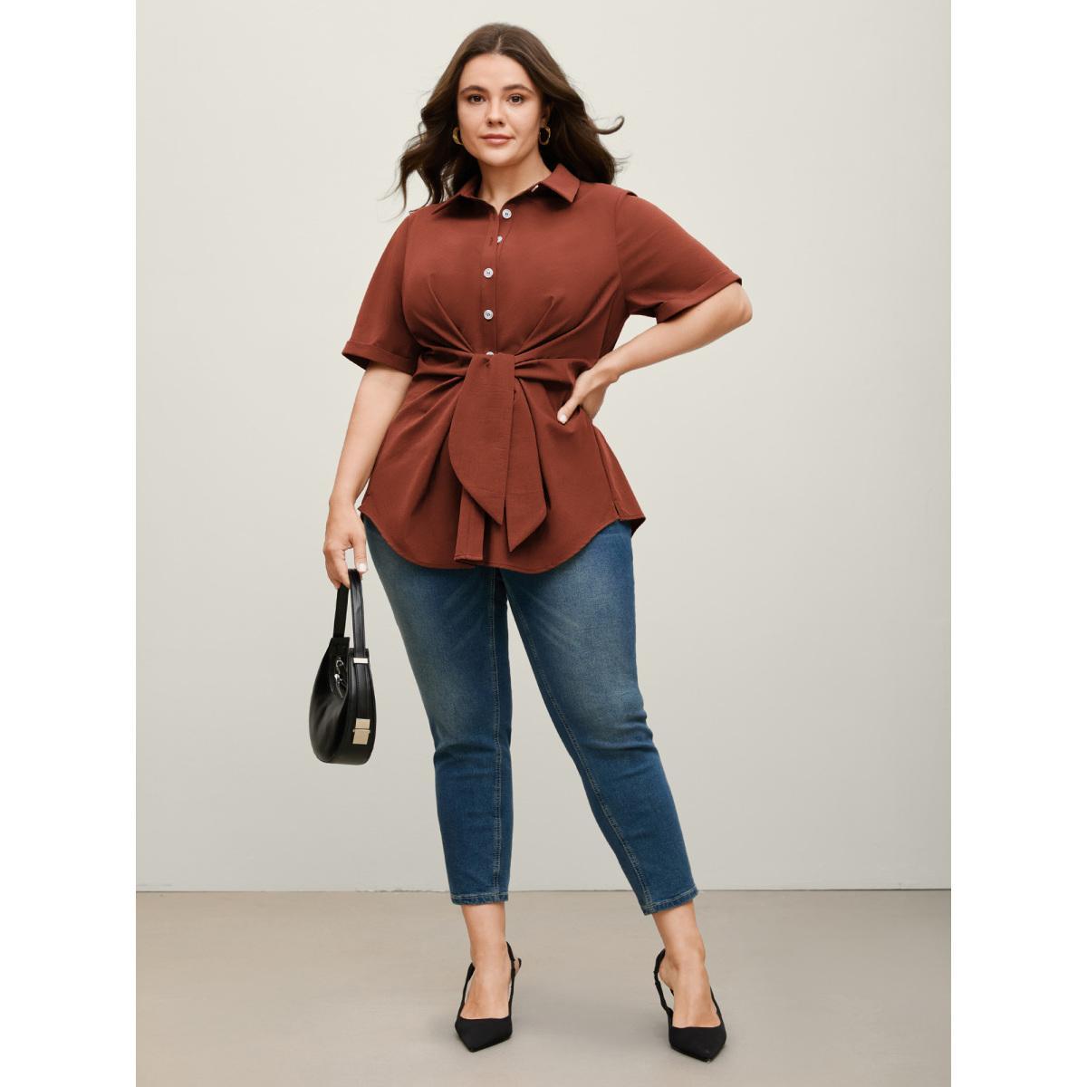 Plus Size ArmyGreen Knotted Front Asymmetrical Hem Blouse Women Short sleeve Shirt collar Work Blouses BloomChic 26/4X Product Image