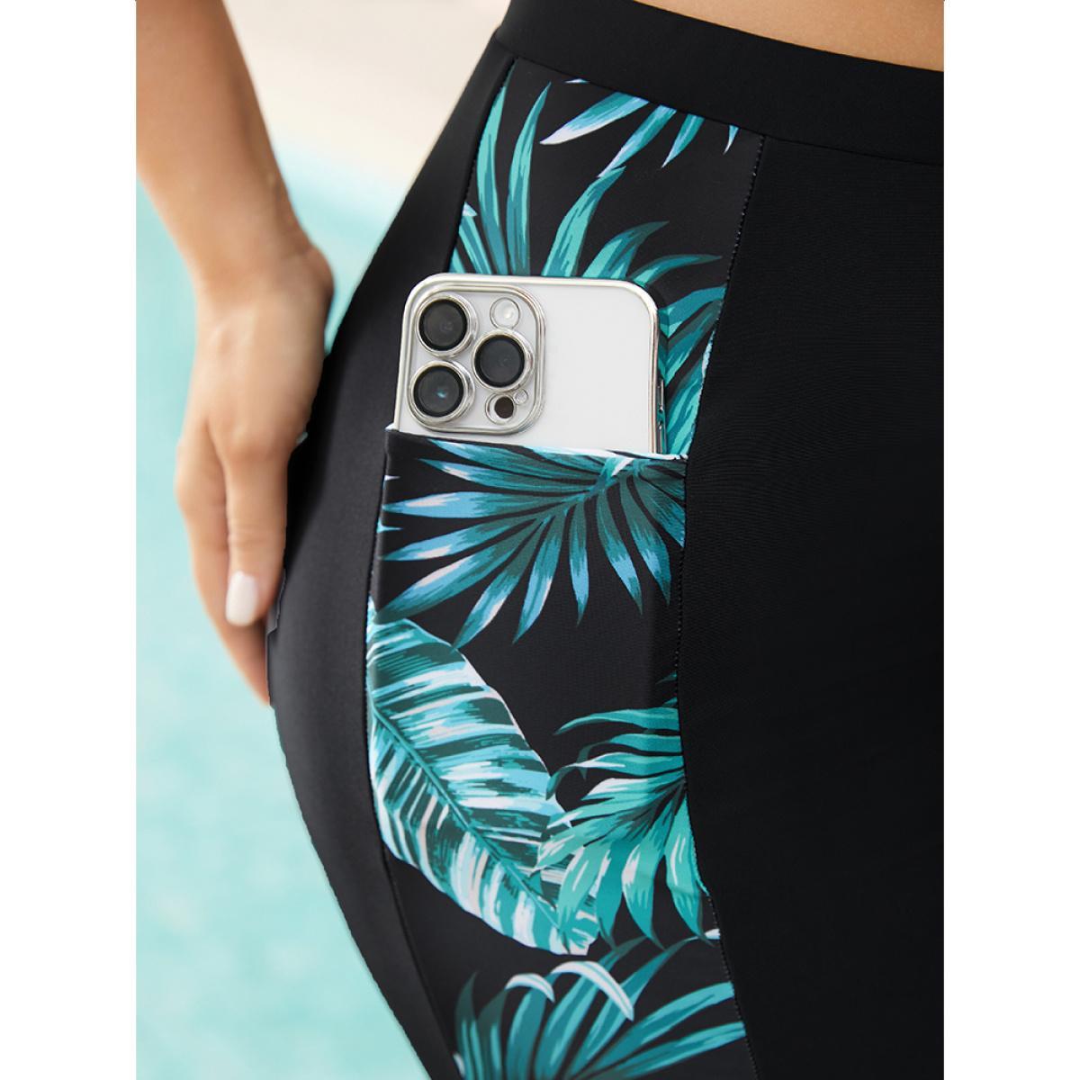 Plus Size Plant Patchwork Pocket Side Swim Shorts Women's Swimwear Black Vacation Patchwork High stretch Skinny High Rise Pocket Curve Swim Bottoms BloomChic 14-16/1X Product Image