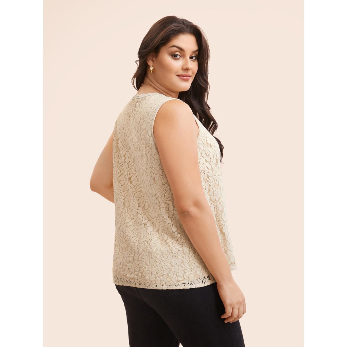 Plus Size V Neck Crochet Lace Mesh Tank Top Women LightBrown Elegant Woven ribbon&lace trim V-neck Everyday Tank Tops Camis BloomChic 10/M Product Image