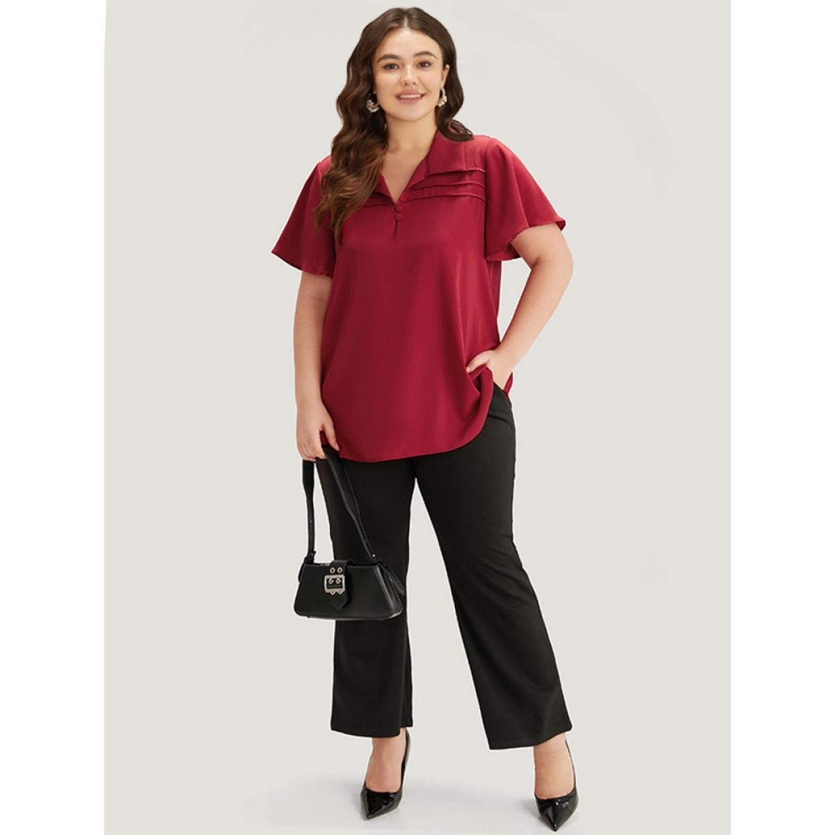 Plus Size Scarlet Plain Shirt Collar Button Detail Pleated Blouse Women Office Short sleeve Shirt collar Work Blouses BloomChic 30/6X Product Image