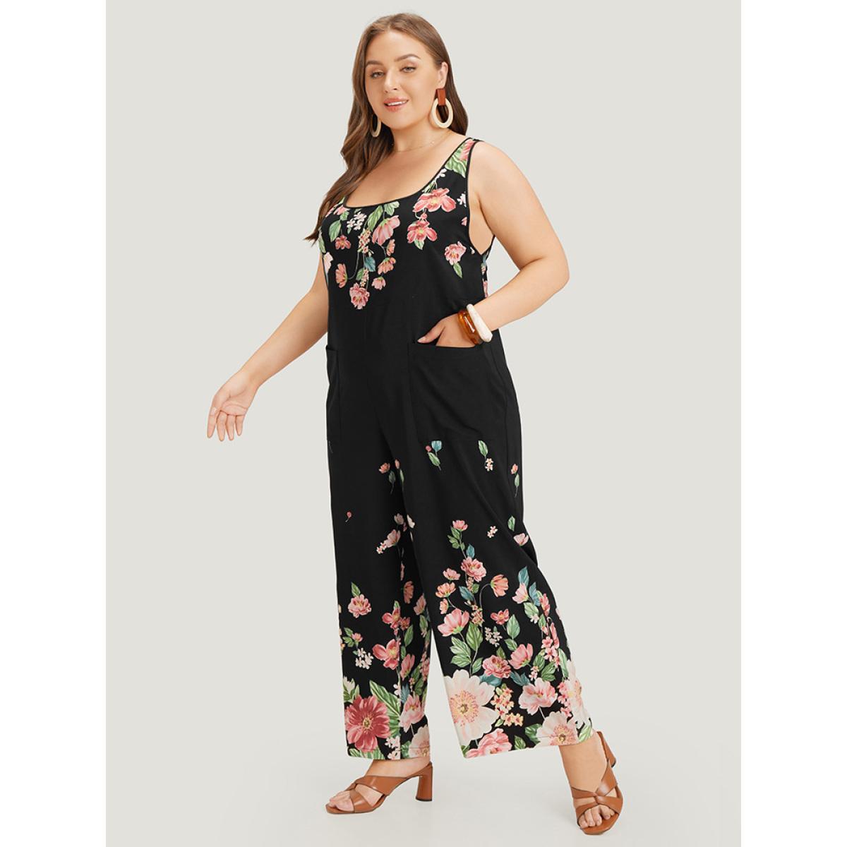 Plus Size Black Floral Square Neck Zip Back Pocket Jumpsuit Women Elegant Sleeveless Square Neck Dailywear Loose Jumpsuits BloomChic 30/6X Product Image