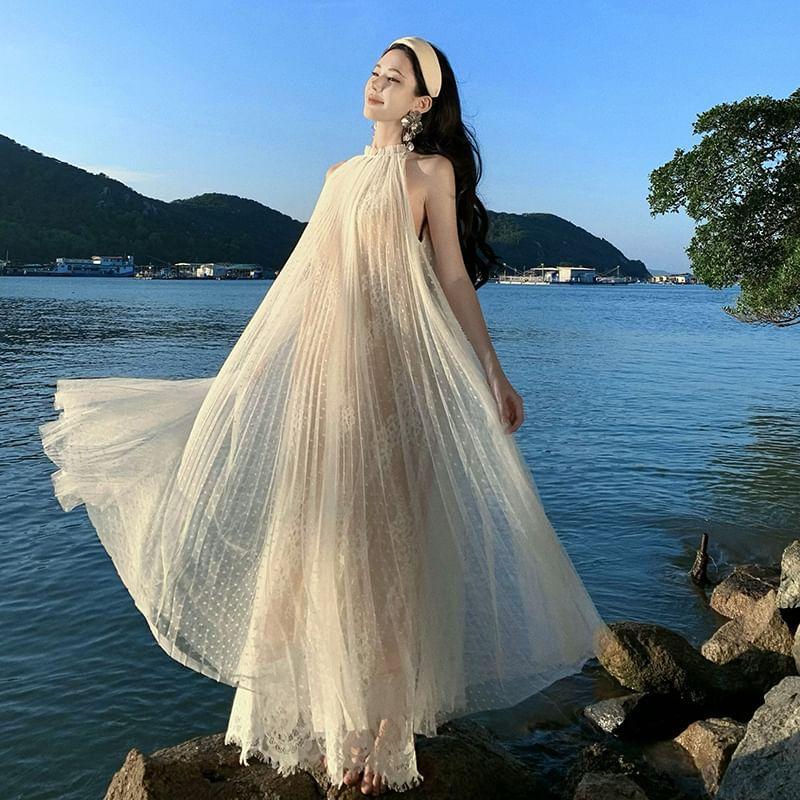 Sleeveless Stand Collar Plain Accordion Pleated Mesh Maxi A-Line Dress Product Image