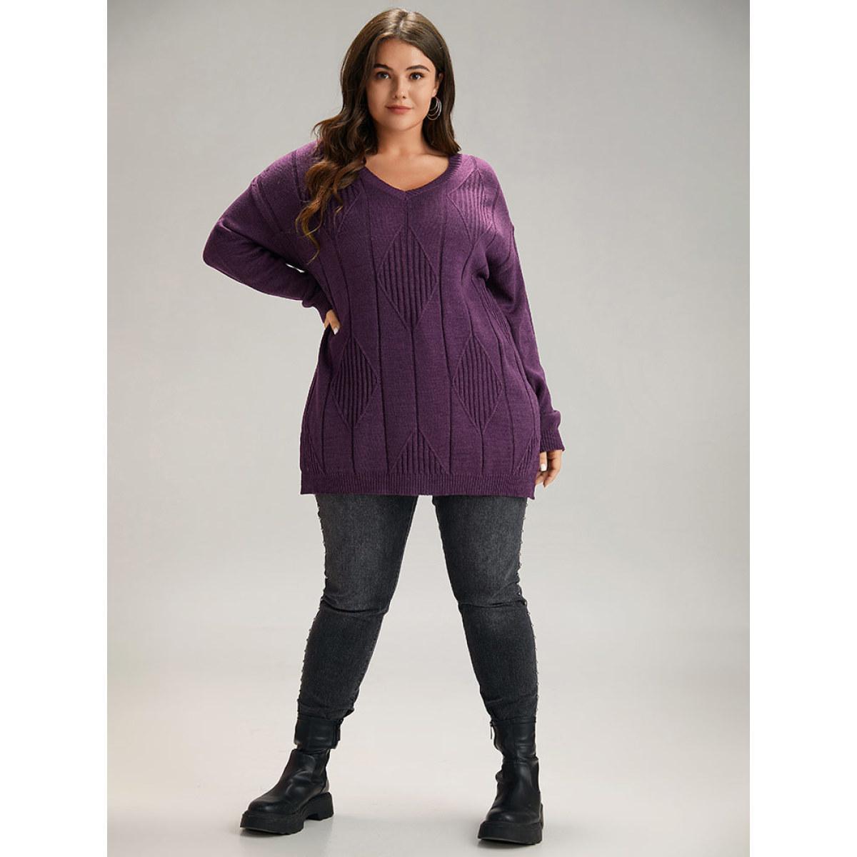 Plus Size Geometric V Neck Split Hem Pullover Purple Women Casual Long Sleeve V-neck Dailywear Pullovers BloomChic 10/M Product Image