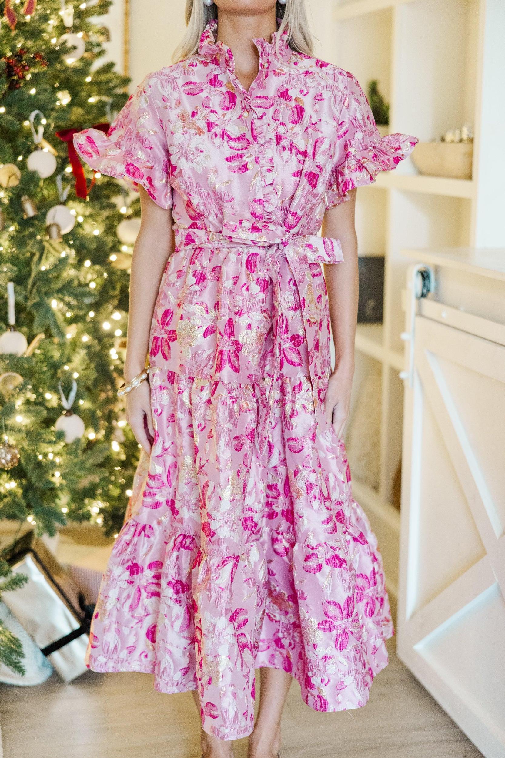 I'll Be There Fuchsia Pink Floral Brocade Midi Dress Female Product Image